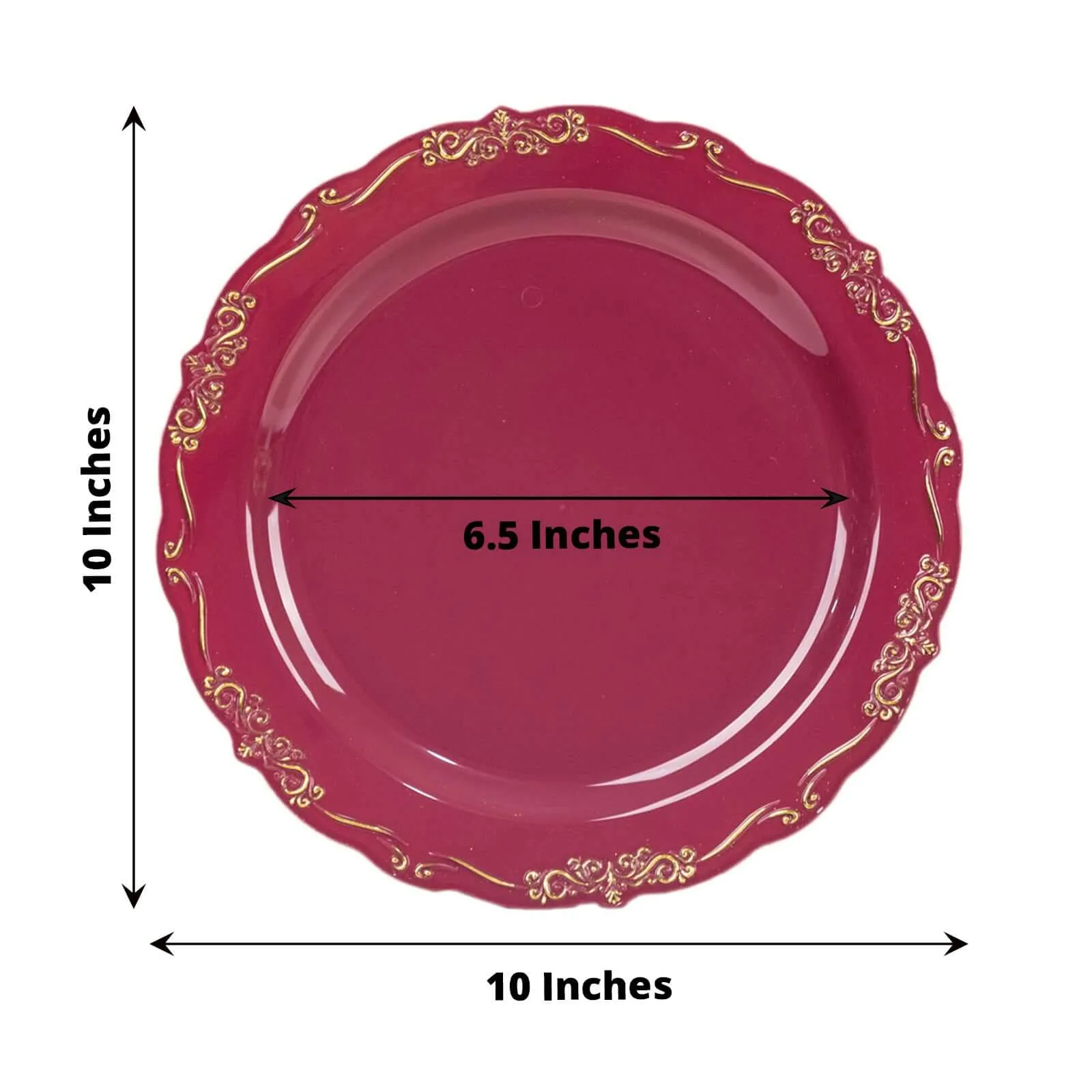 10 Pack 10" Burgundy With Gold Vintage Rim Disposable Dinner Plates With Embossed Scalloped Edges, Plastic Party Plates