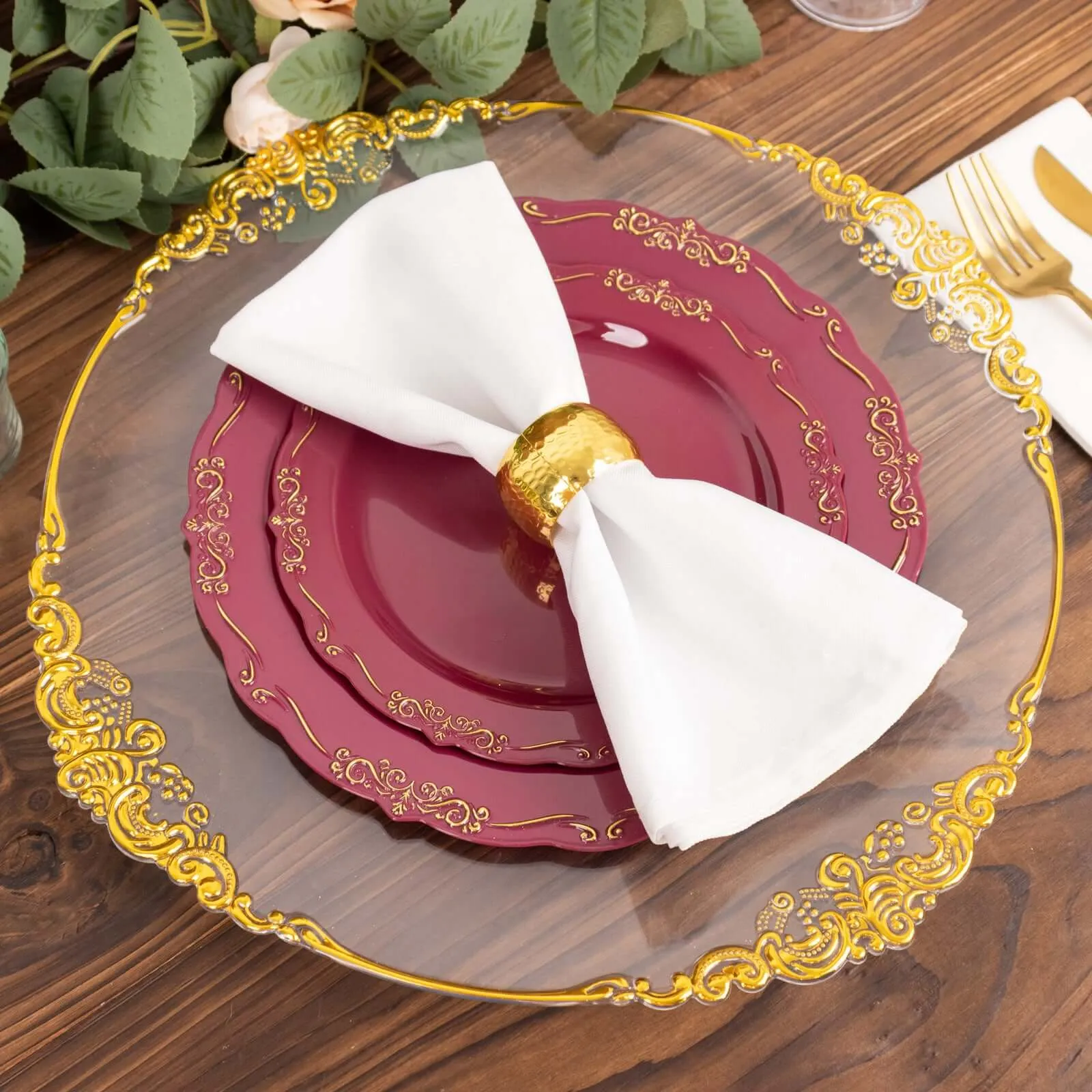 10 Pack 10" Burgundy With Gold Vintage Rim Disposable Dinner Plates With Embossed Scalloped Edges, Plastic Party Plates