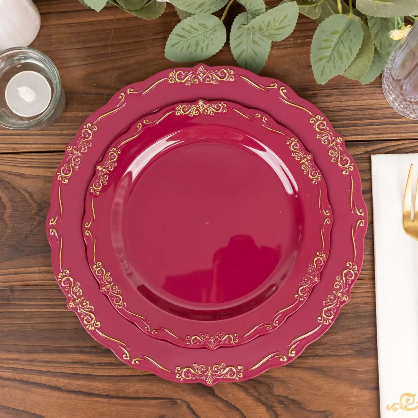 10 Pack 10" Burgundy With Gold Vintage Rim Disposable Dinner Plates With Embossed Scalloped Edges, Plastic Party Plates