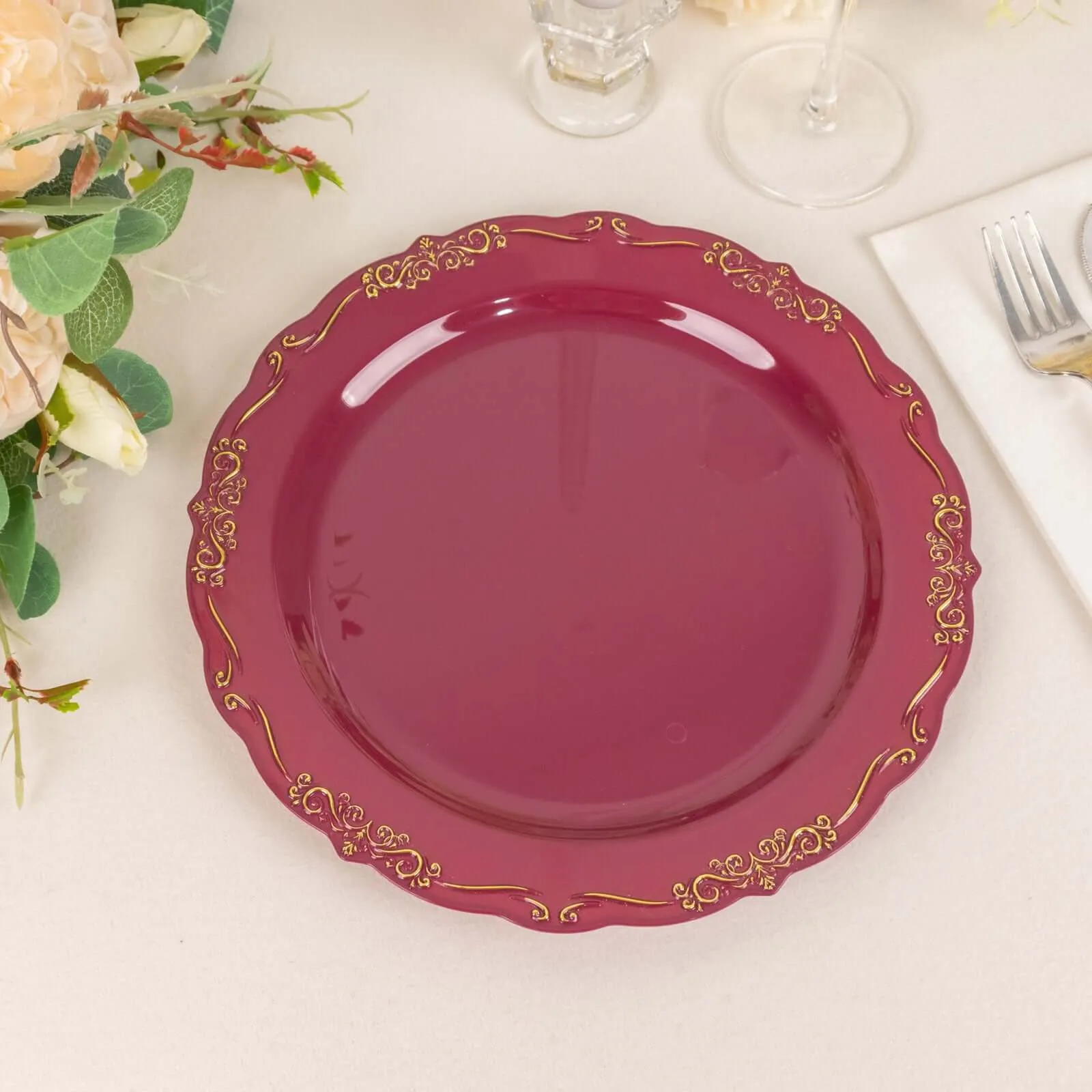 10 Pack 10" Burgundy With Gold Vintage Rim Disposable Dinner Plates With Embossed Scalloped Edges, Plastic Party Plates