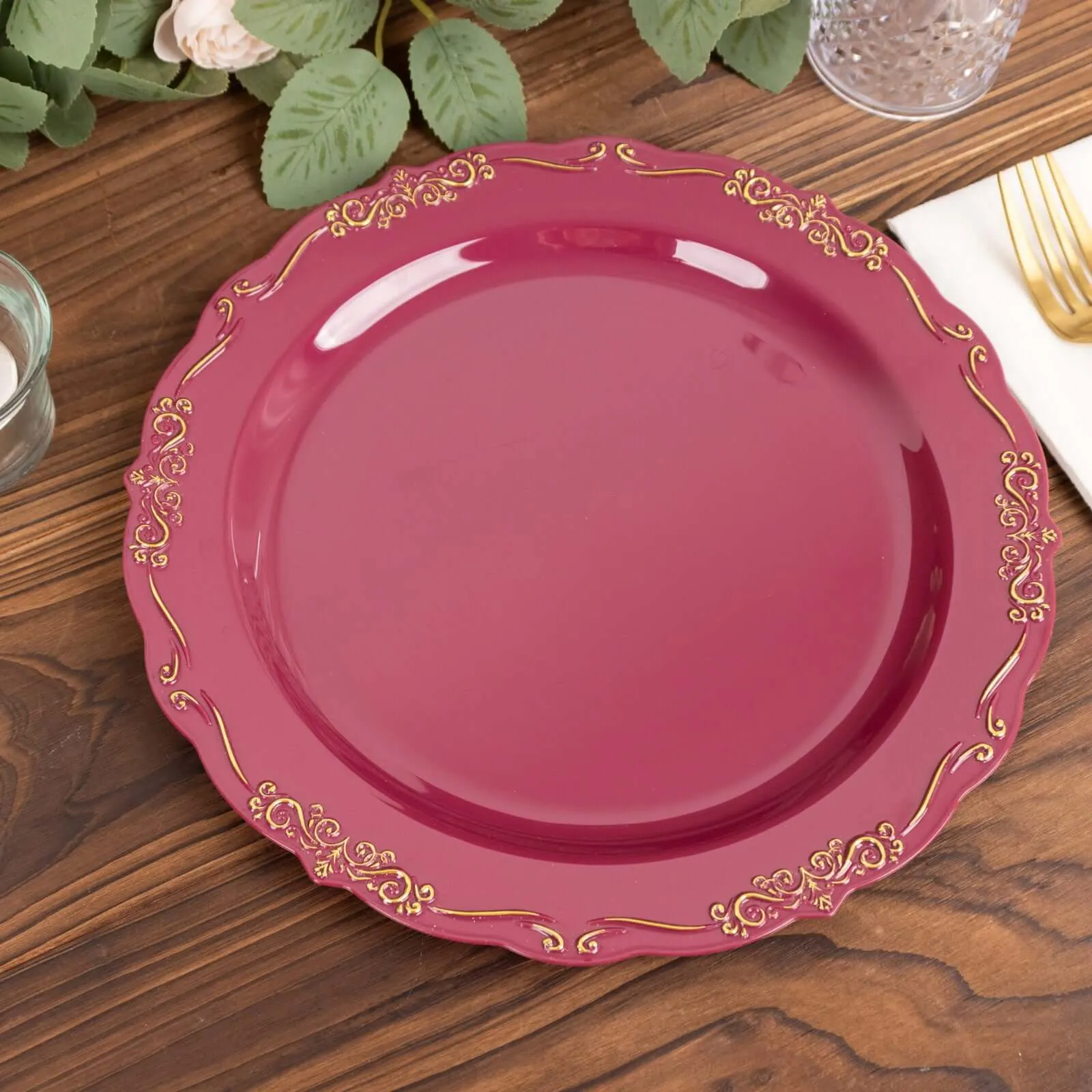 10 Pack 10" Burgundy With Gold Vintage Rim Disposable Dinner Plates With Embossed Scalloped Edges, Plastic Party Plates