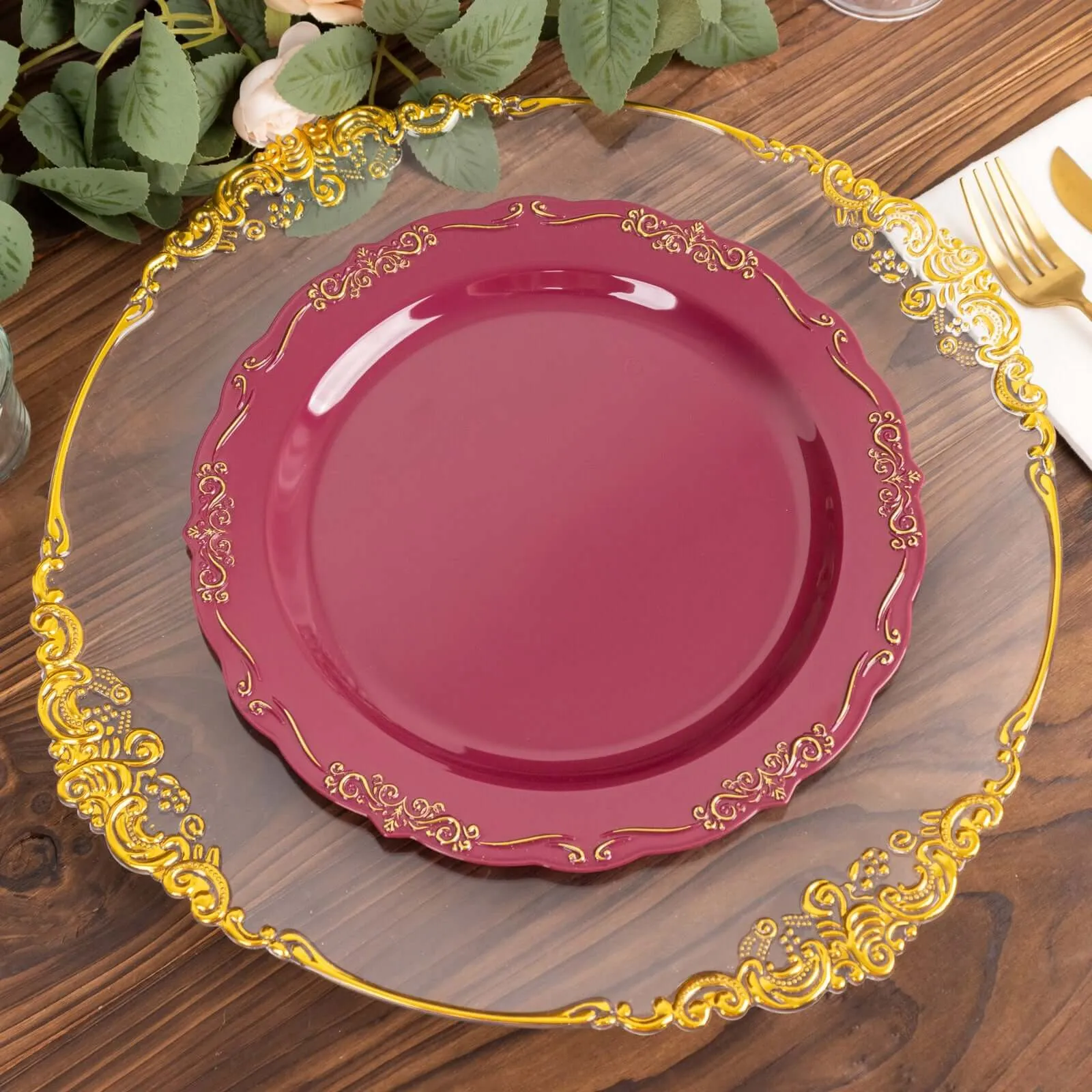 10 Pack 10" Burgundy With Gold Vintage Rim Disposable Dinner Plates With Embossed Scalloped Edges, Plastic Party Plates