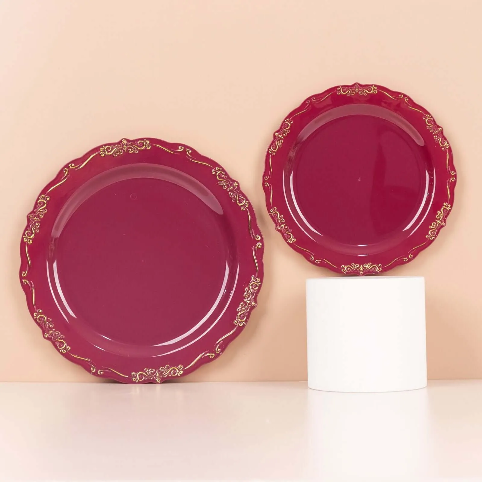 10 Pack 10" Burgundy With Gold Vintage Rim Disposable Dinner Plates With Embossed Scalloped Edges, Plastic Party Plates