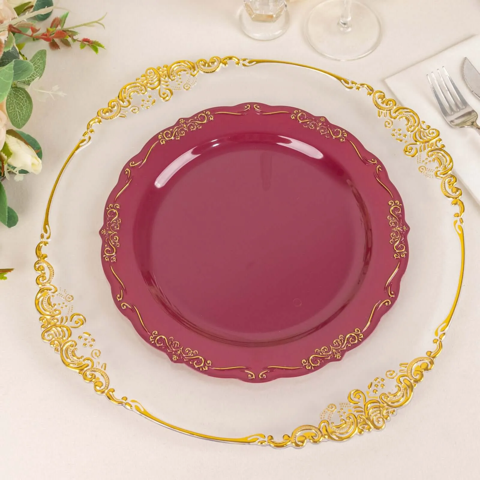 10 Pack 10" Burgundy With Gold Vintage Rim Disposable Dinner Plates With Embossed Scalloped Edges, Plastic Party Plates