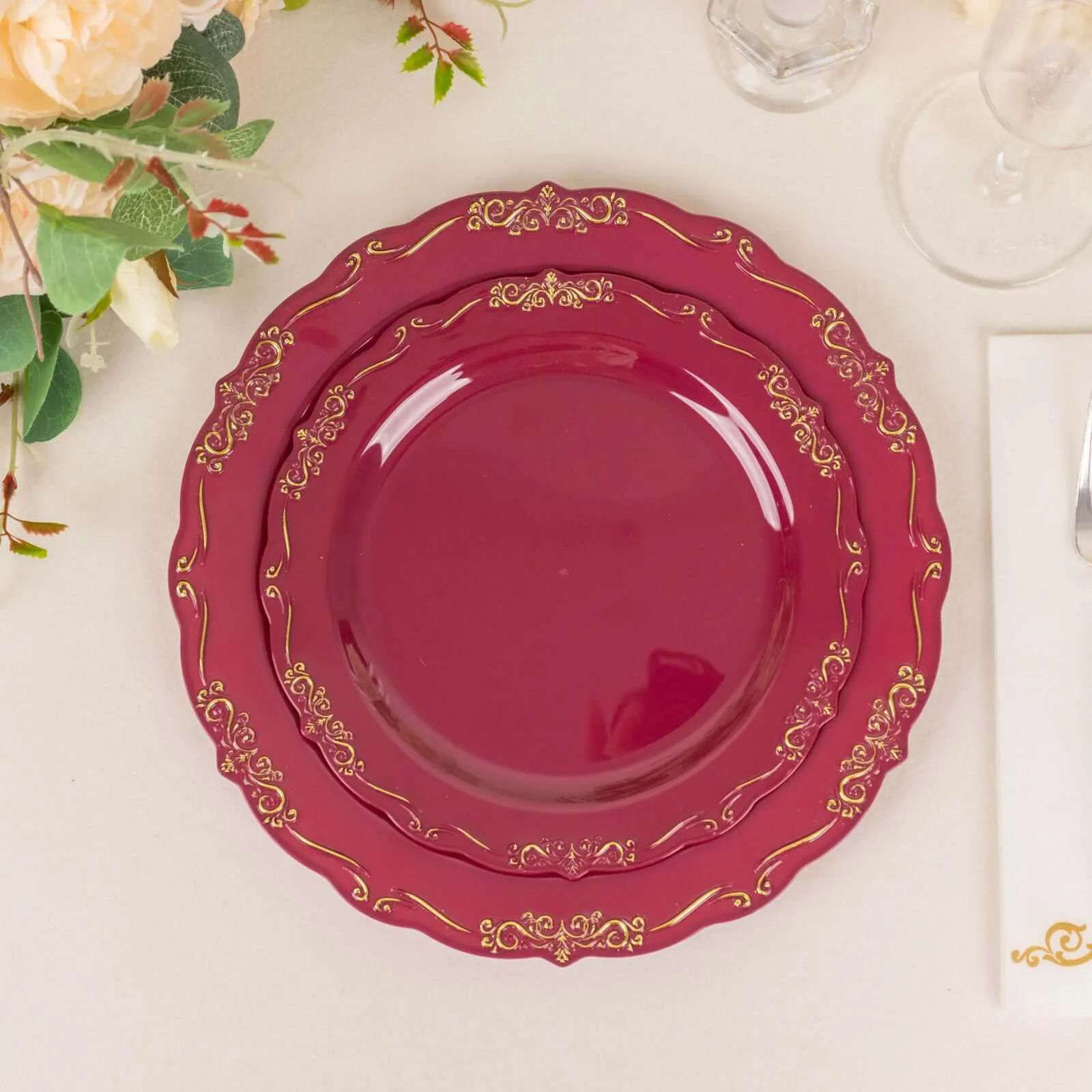 10 Pack 10" Burgundy With Gold Vintage Rim Disposable Dinner Plates With Embossed Scalloped Edges, Plastic Party Plates