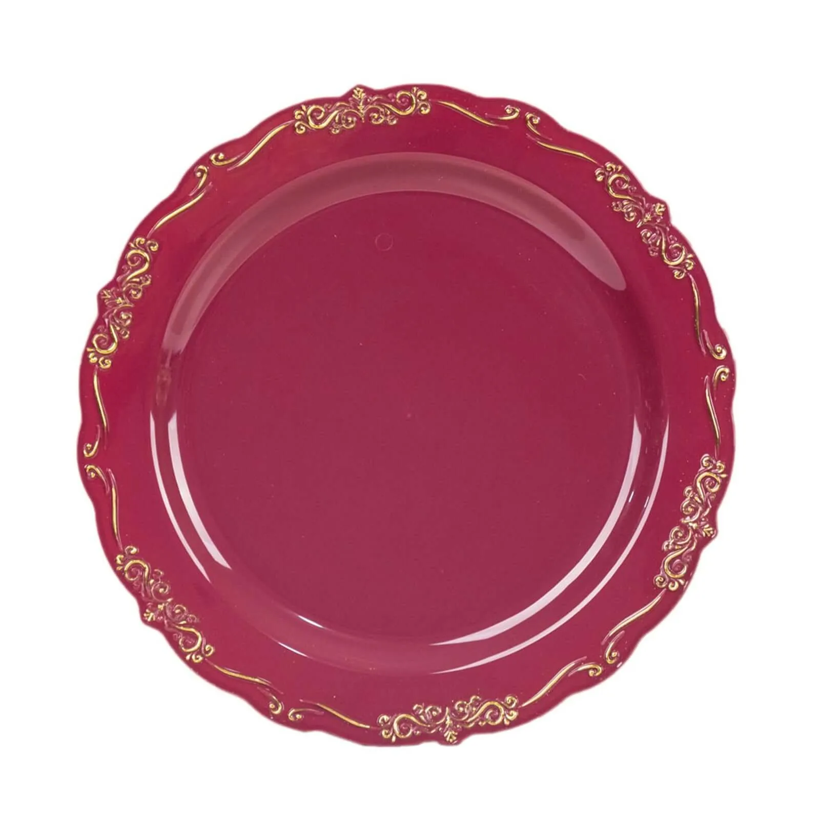 10 Pack 10" Burgundy With Gold Vintage Rim Disposable Dinner Plates With Embossed Scalloped Edges, Plastic Party Plates