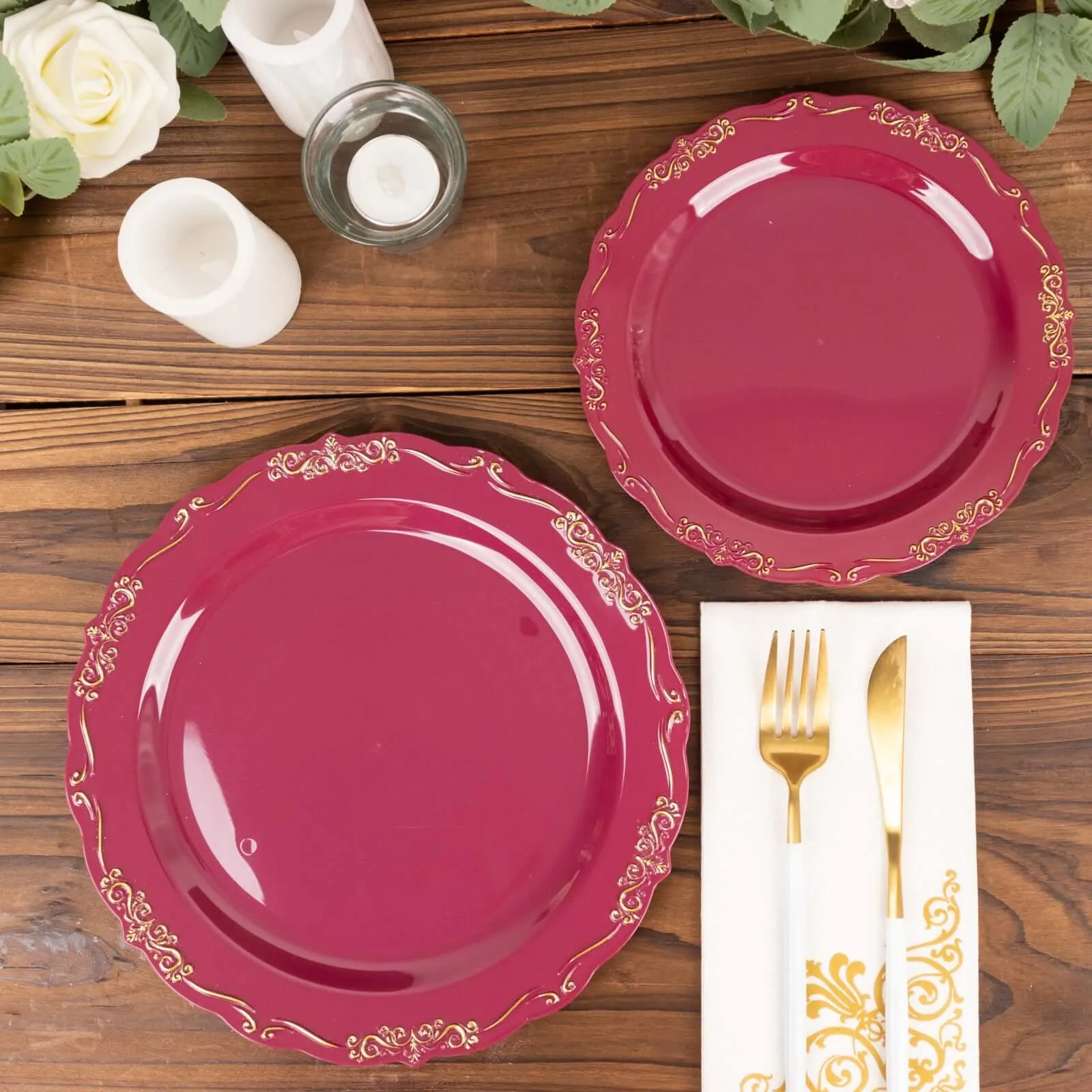 10 Pack 10" Burgundy With Gold Vintage Rim Disposable Dinner Plates With Embossed Scalloped Edges, Plastic Party Plates