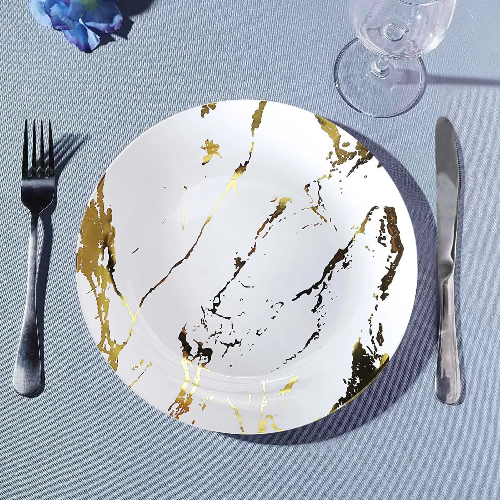 10 Pack 10" Gold and White Marble Print Plastic Dinner Party Plates, Disposable Plates