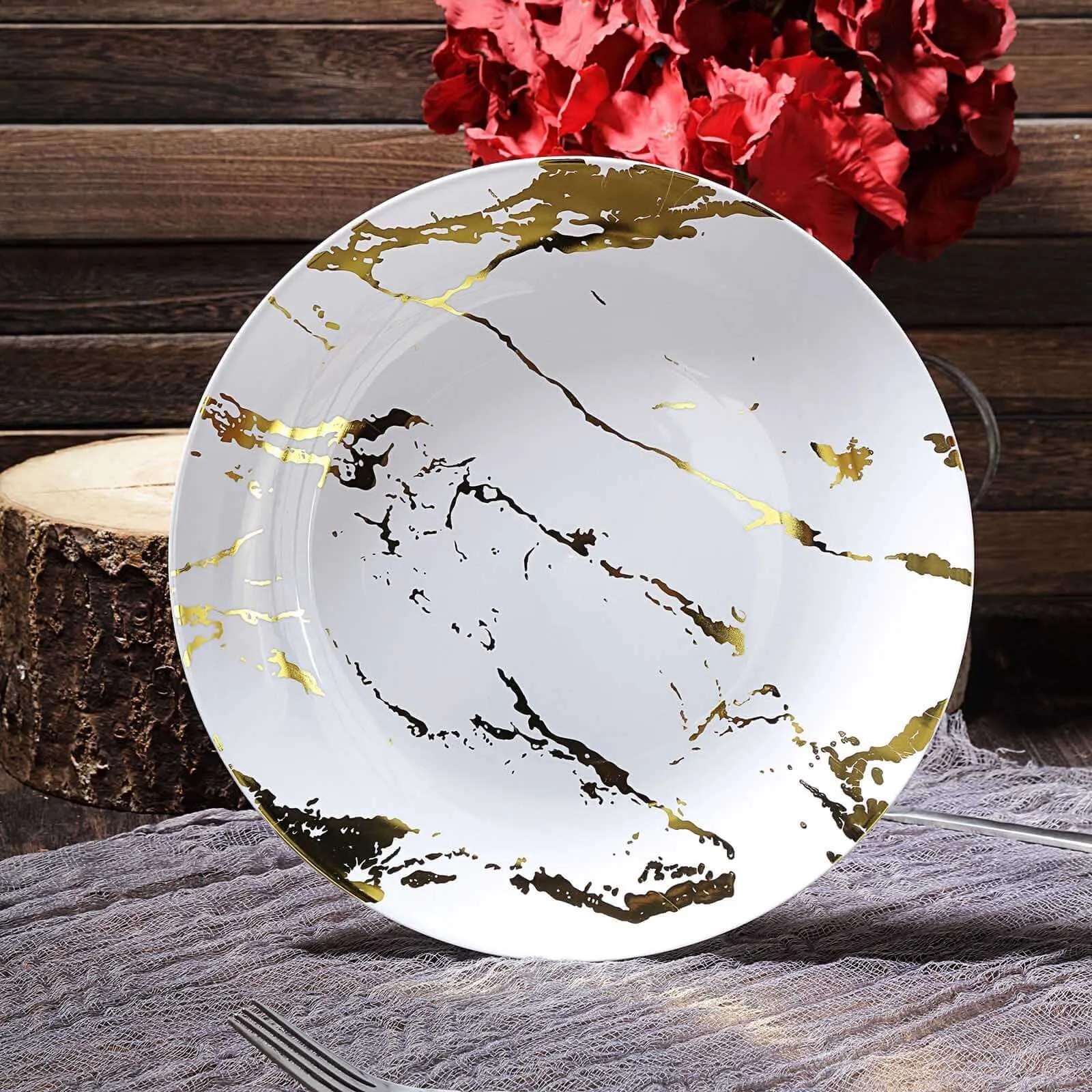 10 Pack 10" Gold and White Marble Print Plastic Dinner Party Plates, Disposable Plates