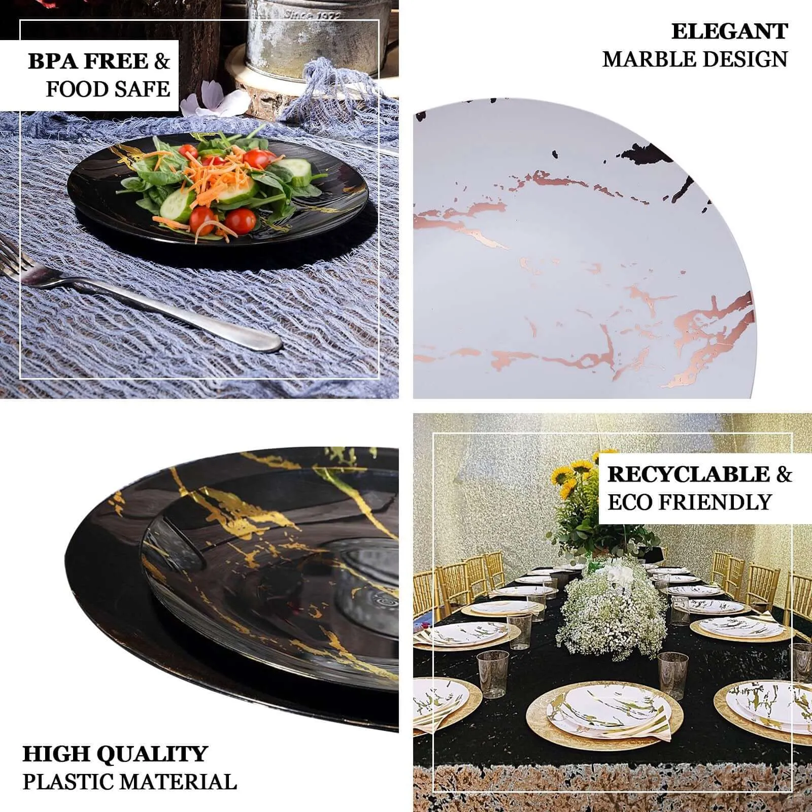 10 Pack 10" Gold and White Marble Print Plastic Dinner Party Plates, Disposable Plates