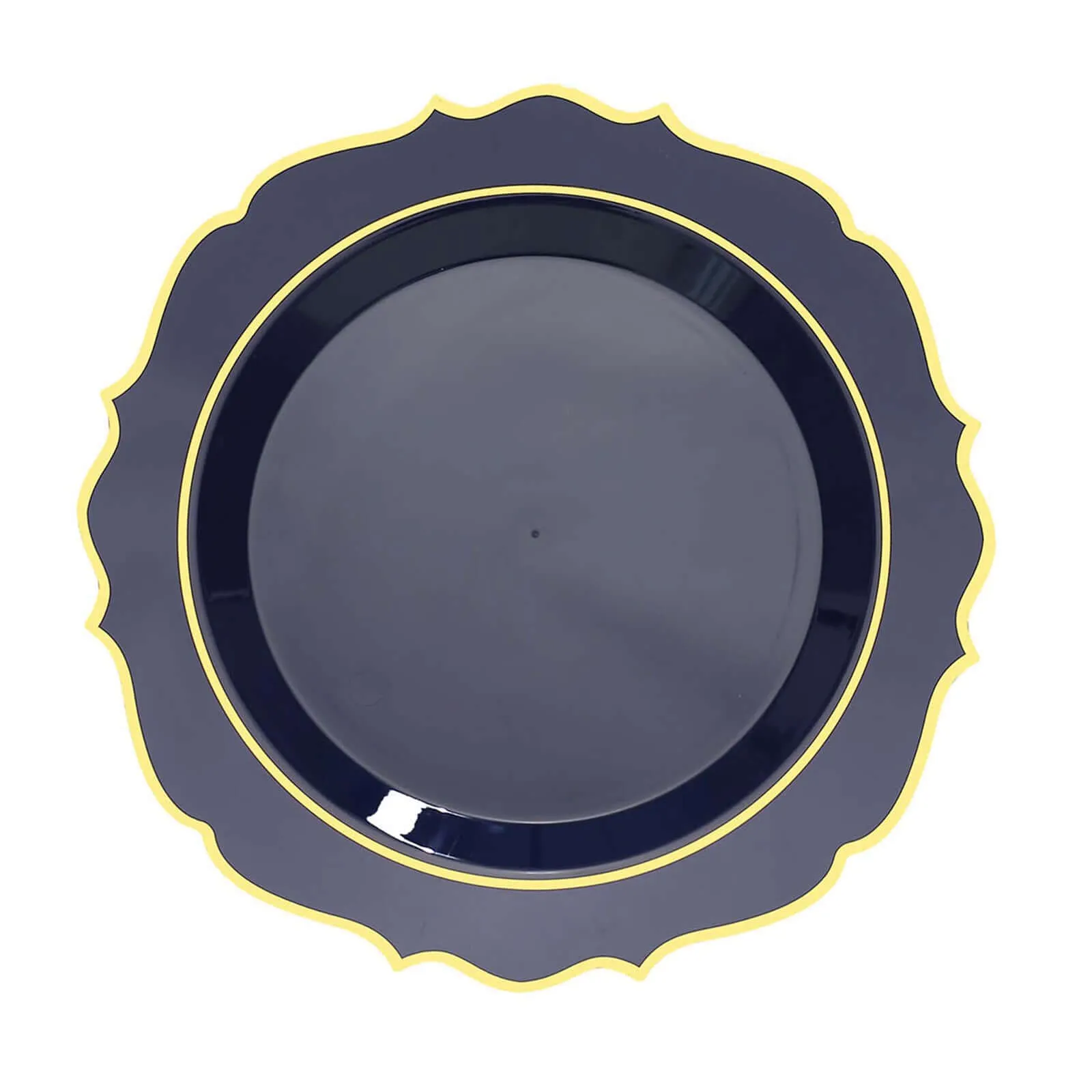 10 Pack 10" Navy Blue Plastic Dinner Plates Disposable Tableware Round With Gold Scalloped Rim