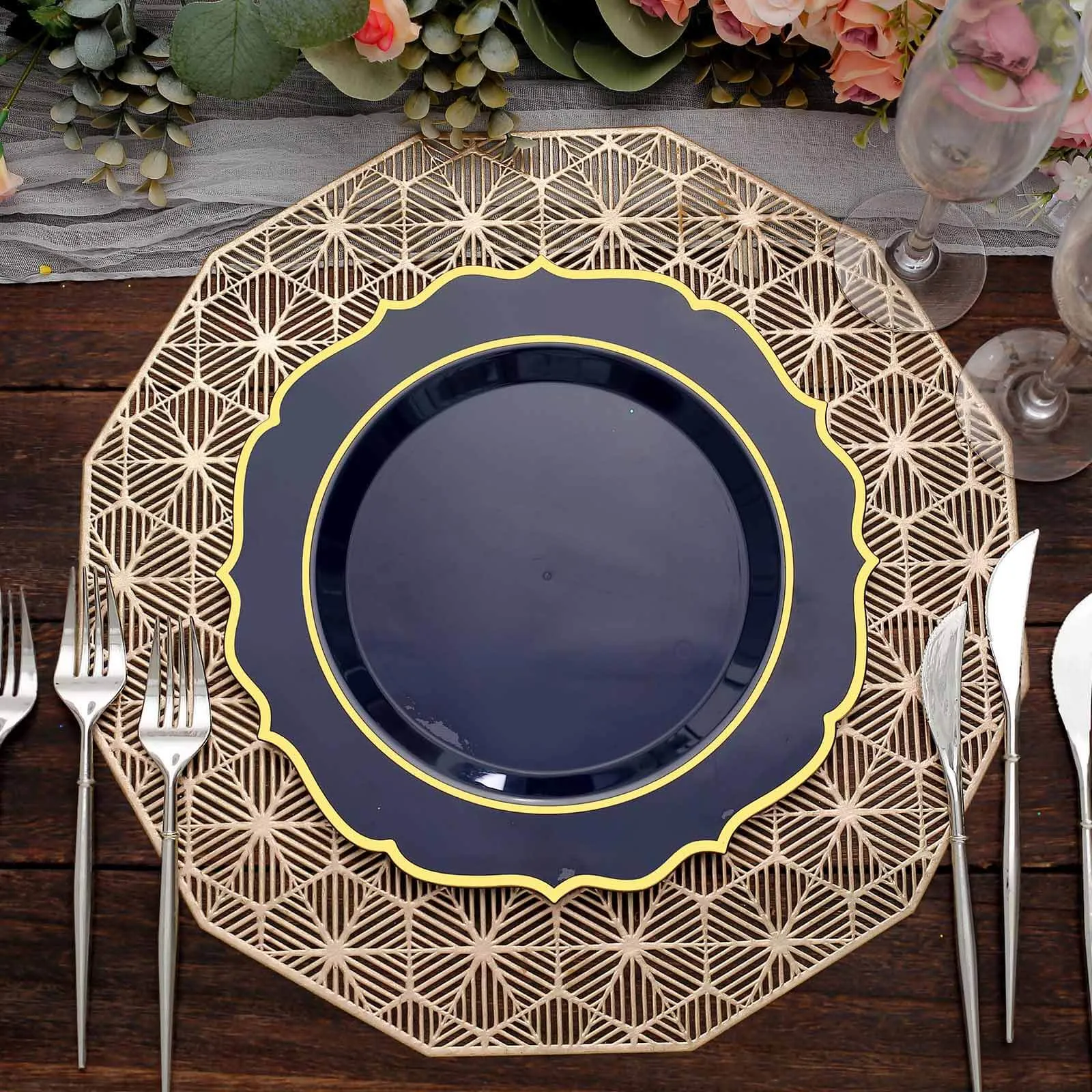 10 Pack 10" Navy Blue Plastic Dinner Plates Disposable Tableware Round With Gold Scalloped Rim