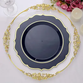 10 Pack 10" Navy Blue Plastic Dinner Plates Disposable Tableware Round With Gold Scalloped Rim