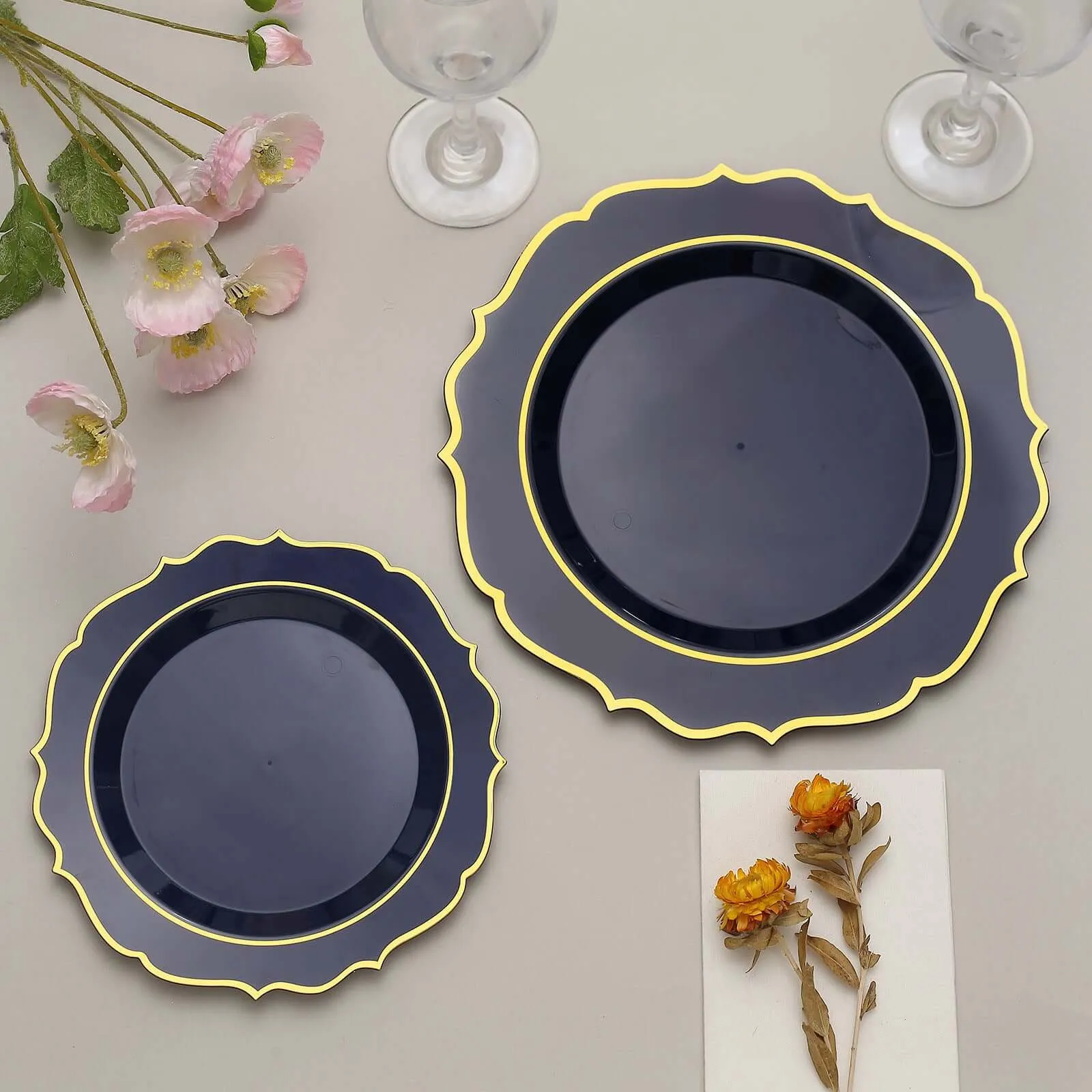 10 Pack 10" Navy Blue Plastic Dinner Plates Disposable Tableware Round With Gold Scalloped Rim