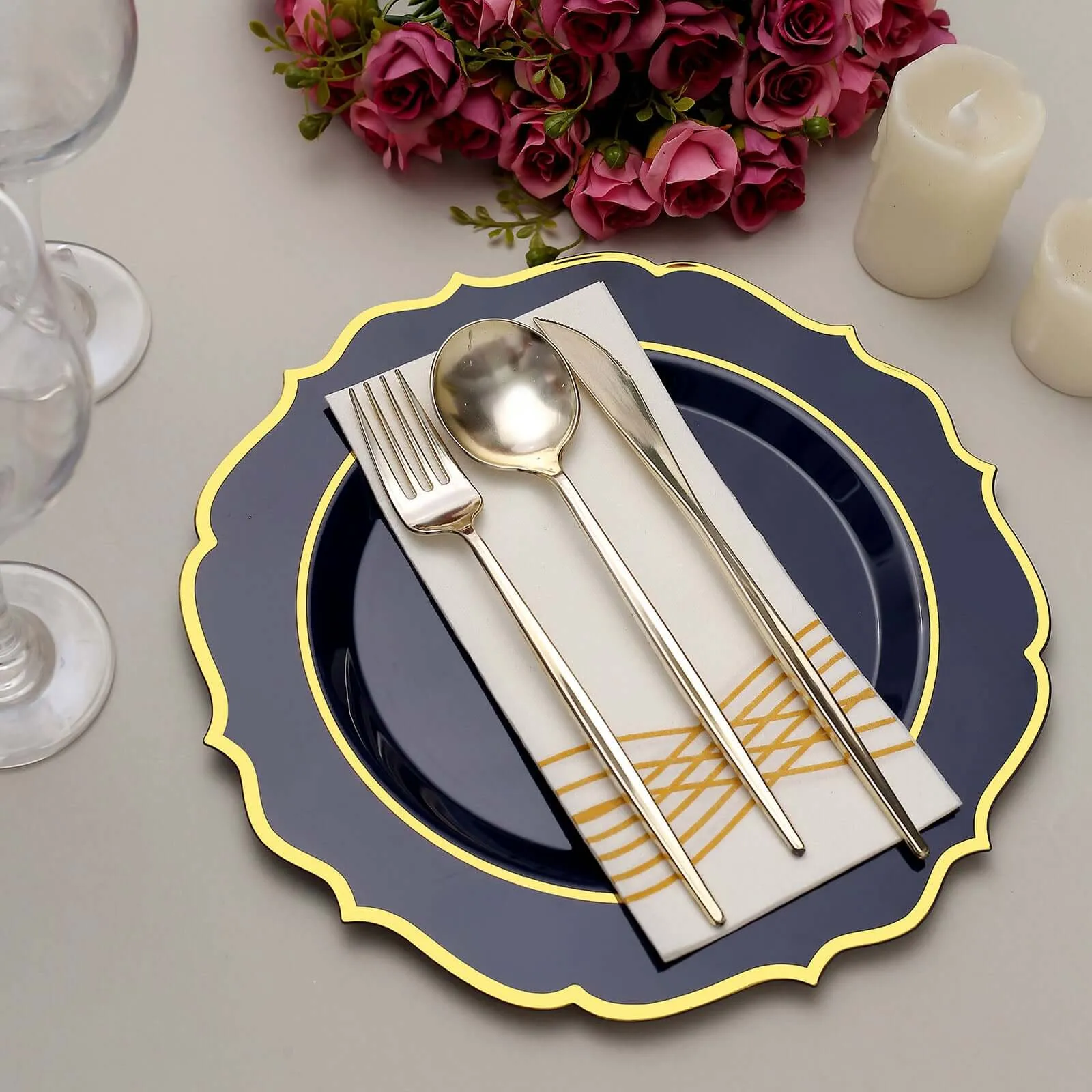 10 Pack 10" Navy Blue Plastic Dinner Plates Disposable Tableware Round With Gold Scalloped Rim