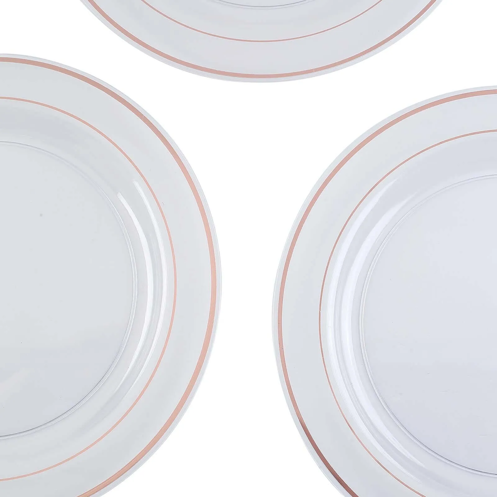 10 Pack 10" Très Chic Rose Gold Rim Clear Disposable Dinner Plates, Plastic Party Plates