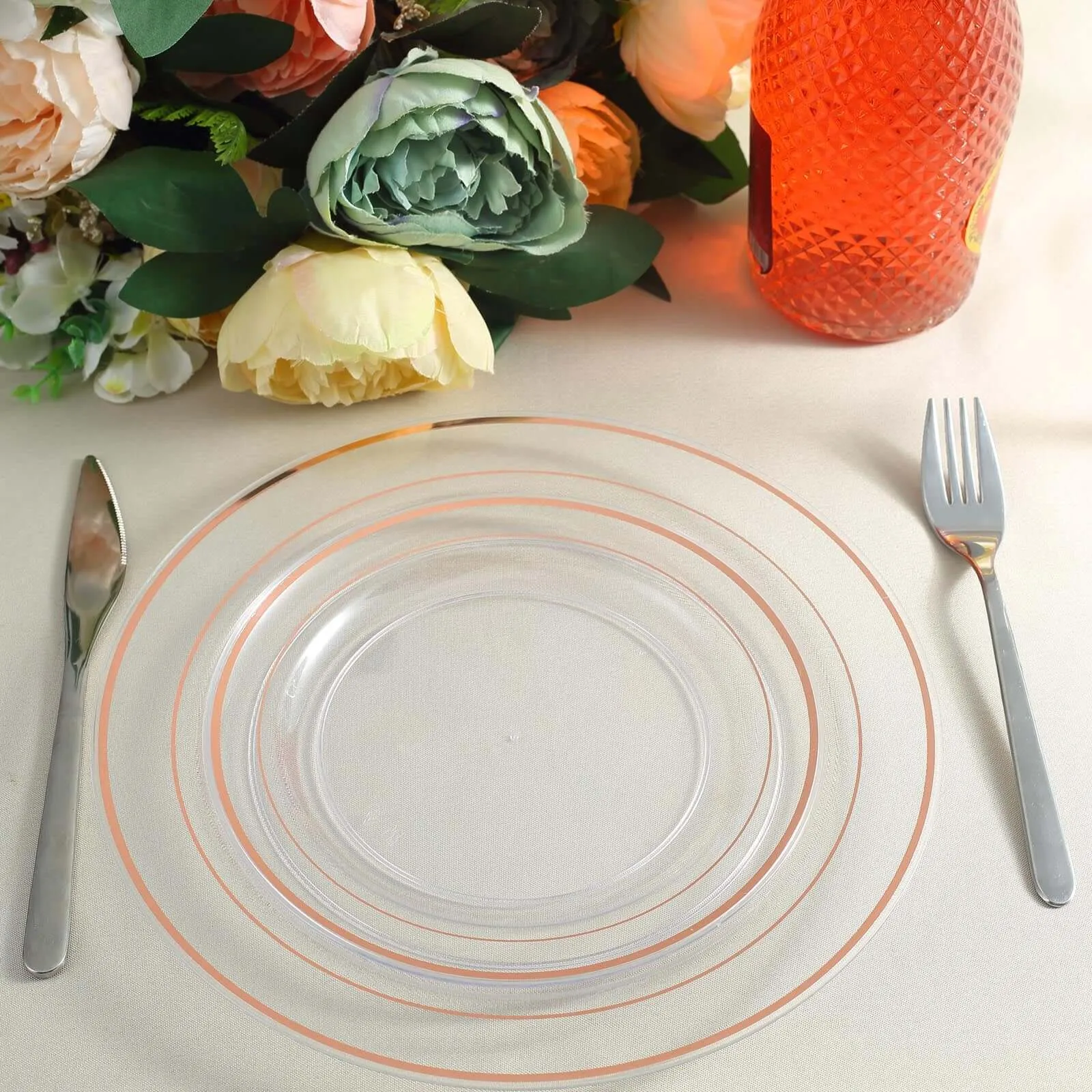 10 Pack 10" Très Chic Rose Gold Rim Clear Disposable Dinner Plates, Plastic Party Plates