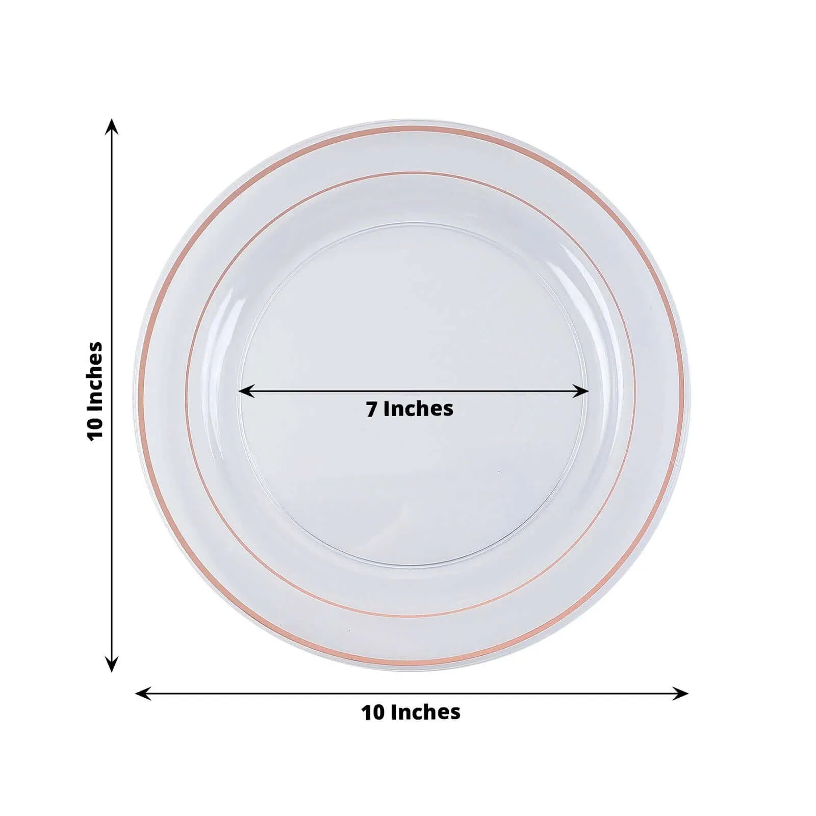 10 Pack 10" Très Chic Rose Gold Rim Clear Disposable Dinner Plates, Plastic Party Plates