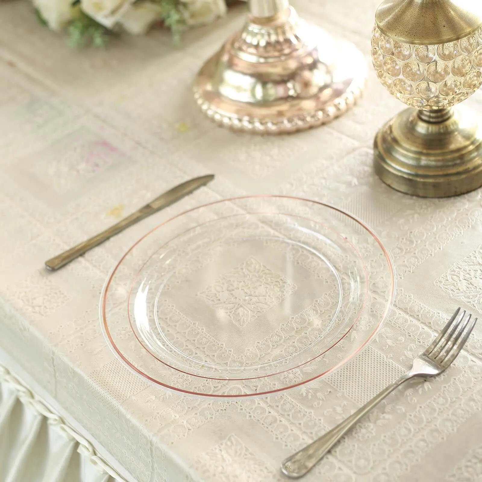 10 Pack 10" Très Chic Rose Gold Rim Clear Disposable Dinner Plates, Plastic Party Plates