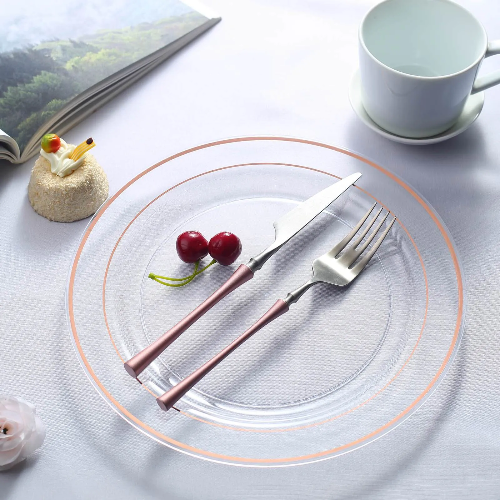 10 Pack 10" Très Chic Rose Gold Rim Clear Disposable Dinner Plates, Plastic Party Plates