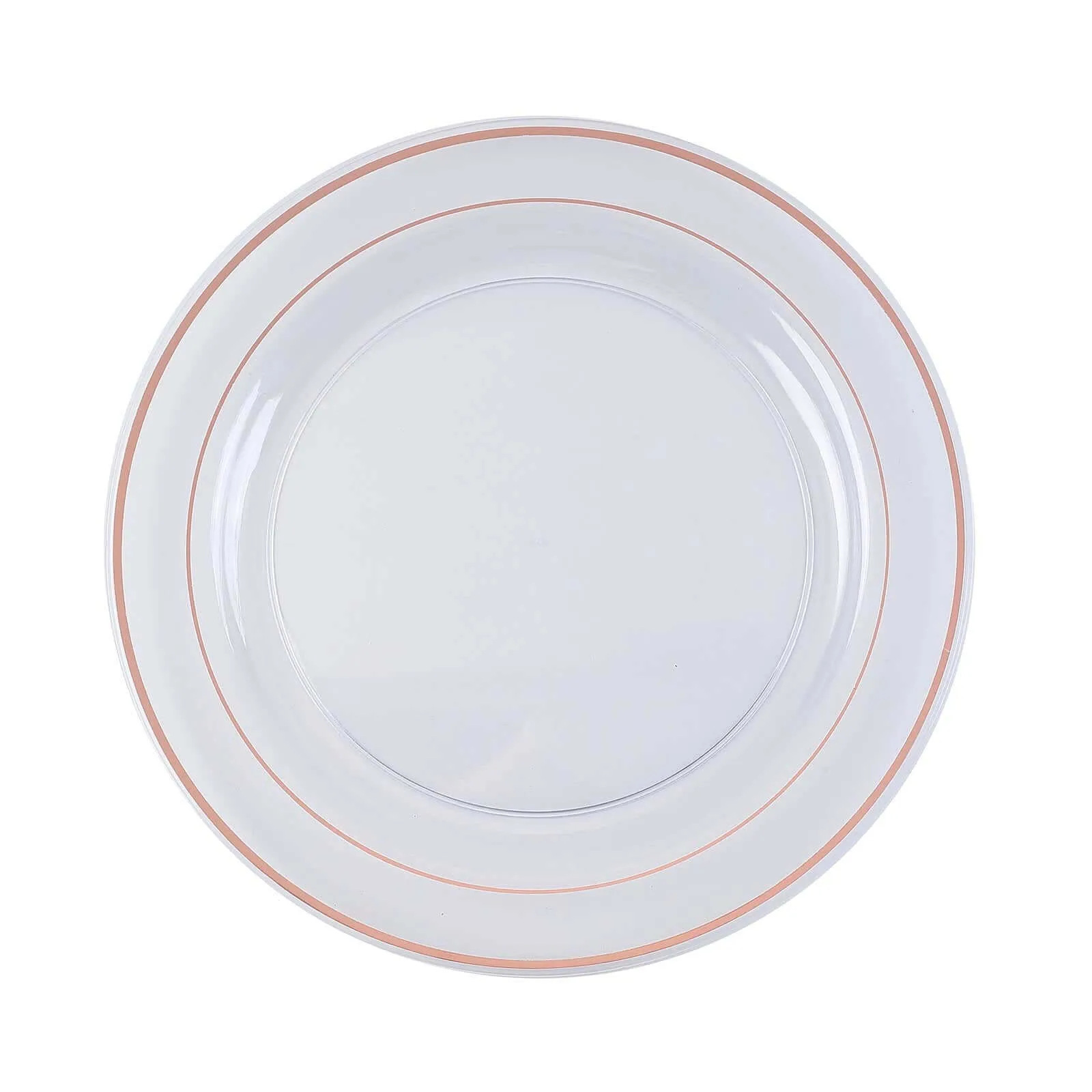 10 Pack 10" Très Chic Rose Gold Rim Clear Disposable Dinner Plates, Plastic Party Plates