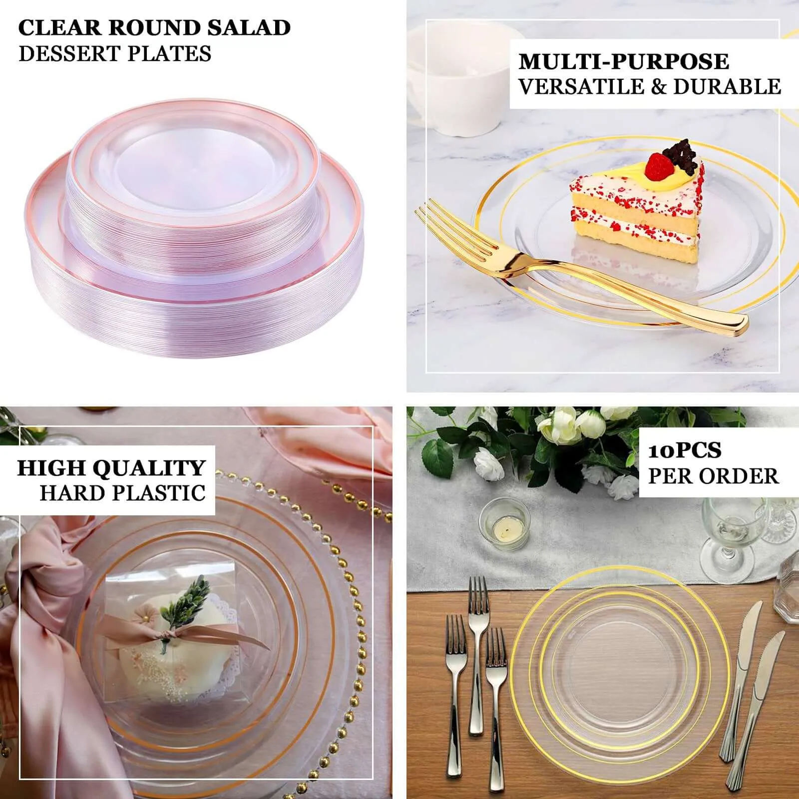 10 Pack 10" Très Chic Rose Gold Rim Clear Disposable Dinner Plates, Plastic Party Plates