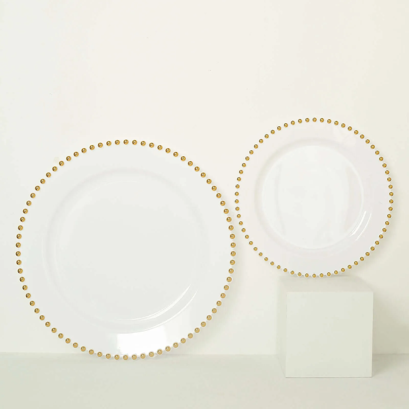 10 Pack 10" White Gold Beaded Rim Disposable Dinner Plates, Round Plastic Party Plates