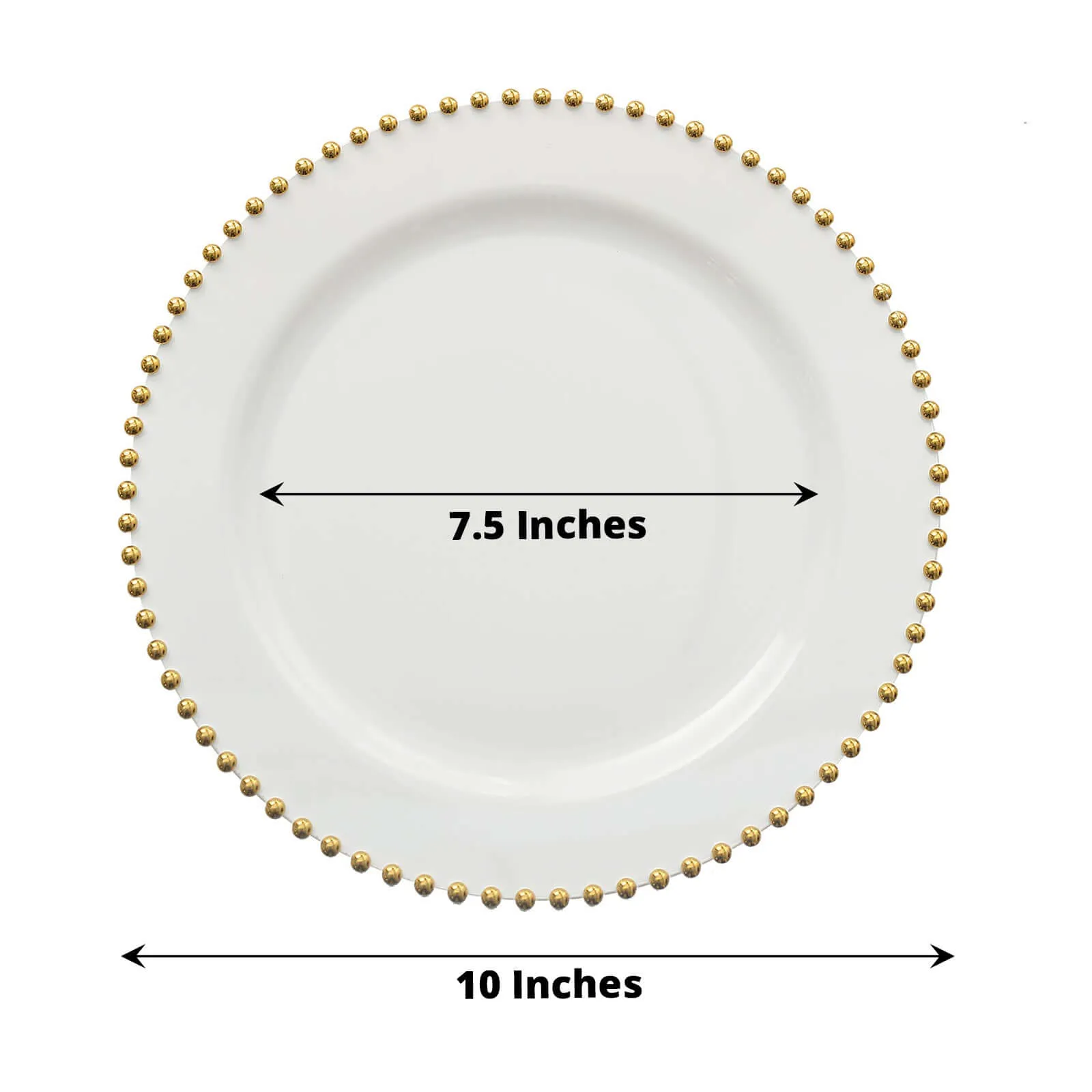 10 Pack 10" White Gold Beaded Rim Disposable Dinner Plates, Round Plastic Party Plates