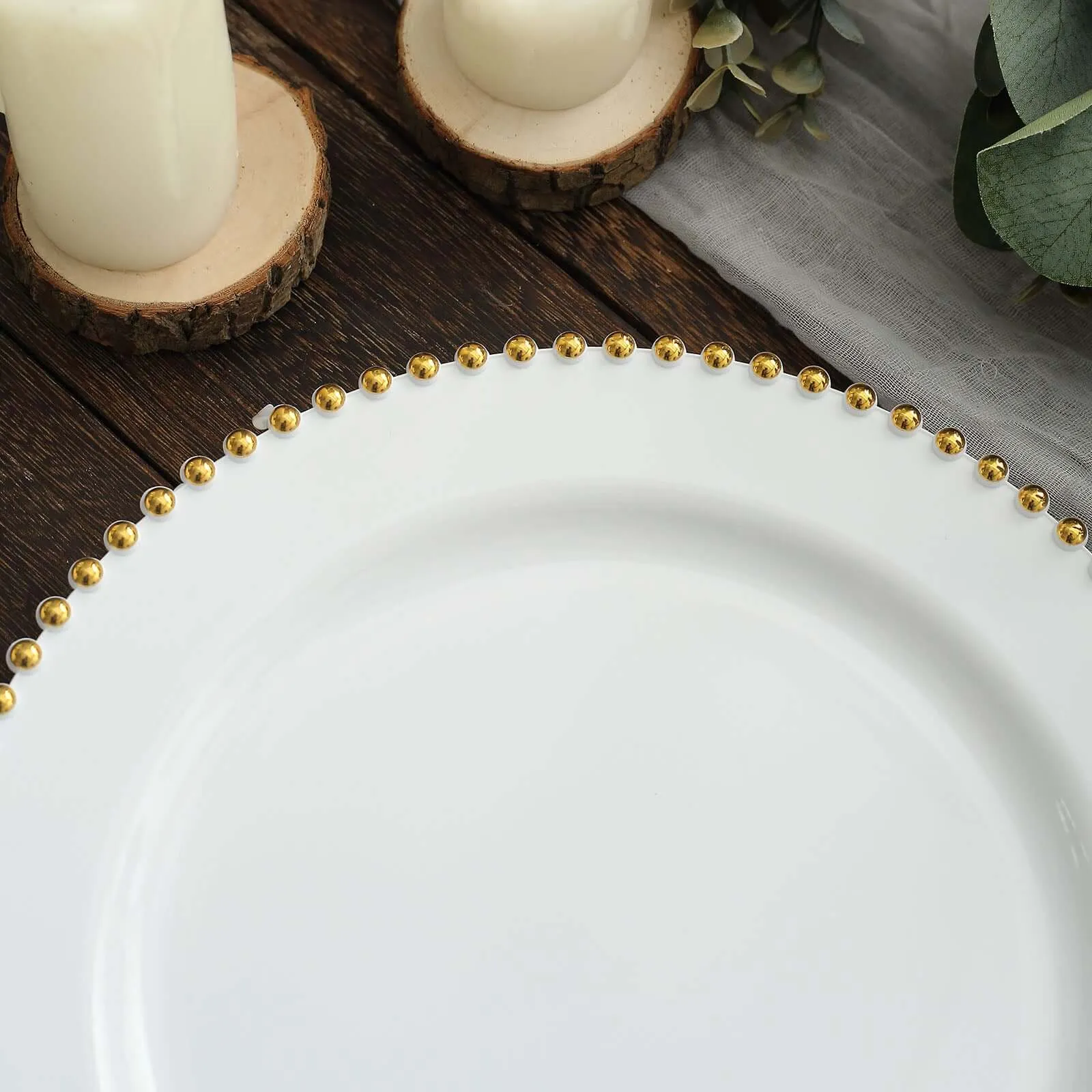 10 Pack 10" White Gold Beaded Rim Disposable Dinner Plates, Round Plastic Party Plates