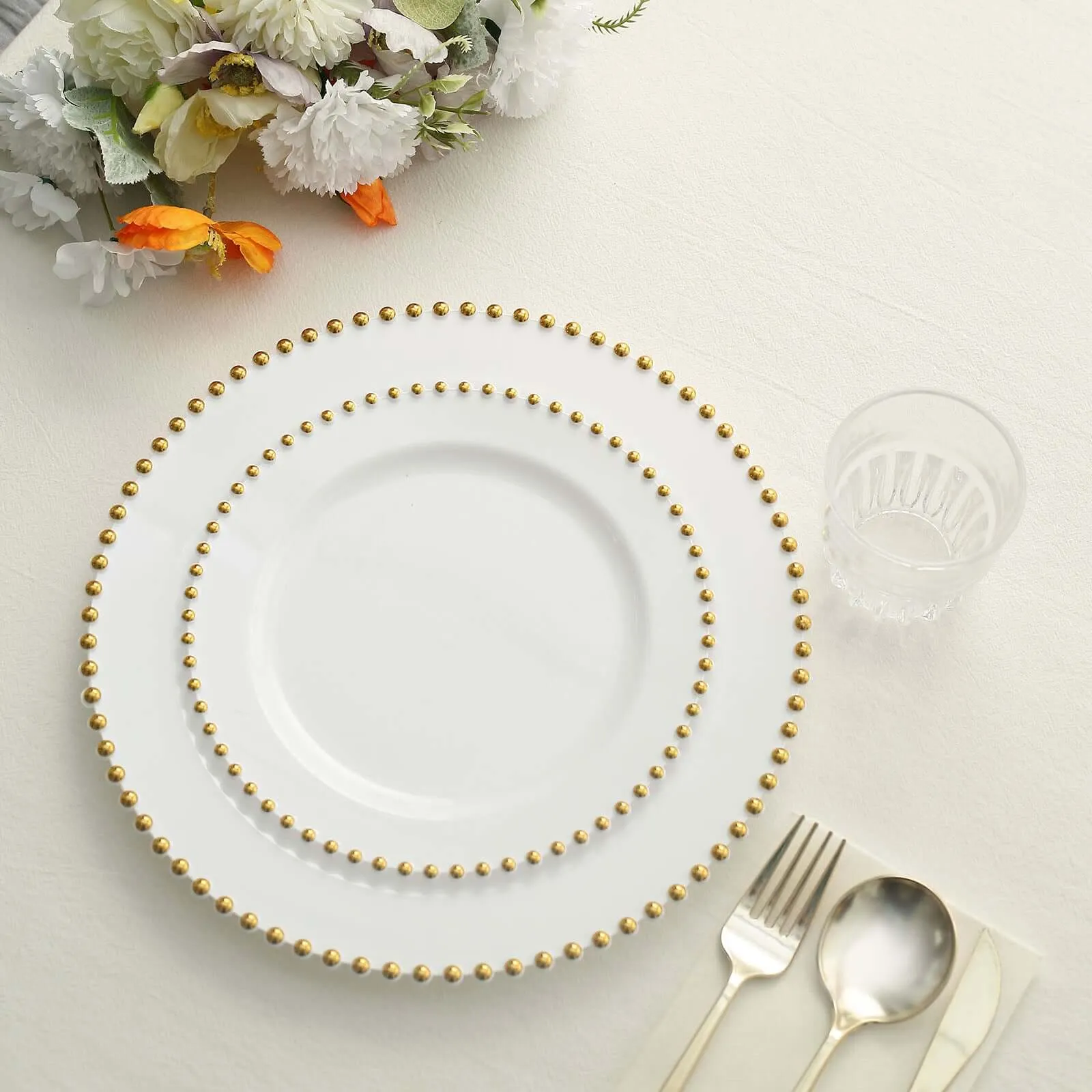 10 Pack 10" White Gold Beaded Rim Disposable Dinner Plates, Round Plastic Party Plates