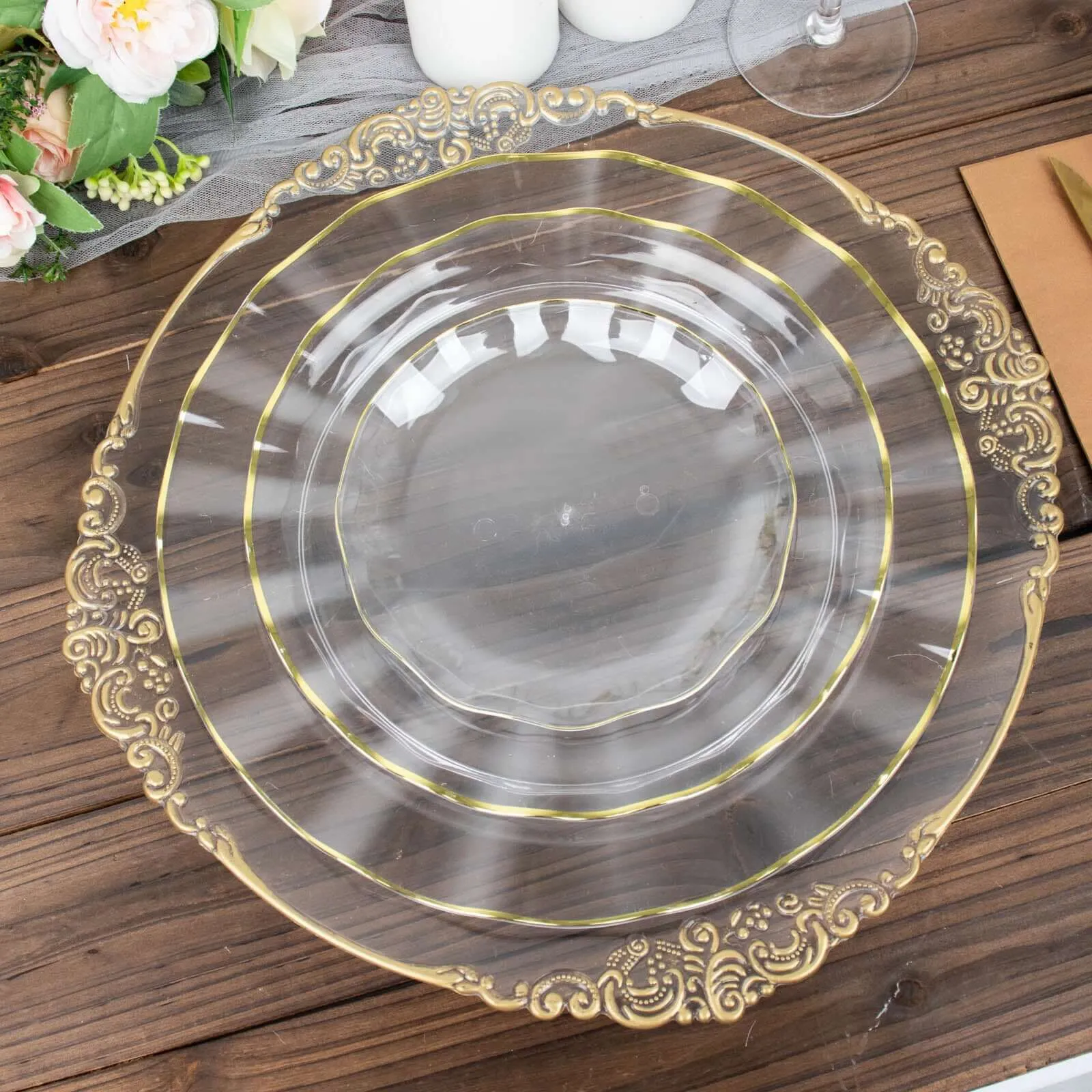 10 Pack 6" Clear Heavy Duty Disposable Salad Plates with Gold Ruffled Rim, Heavy Duty Disposable Appetizer Dessert Dinnerware