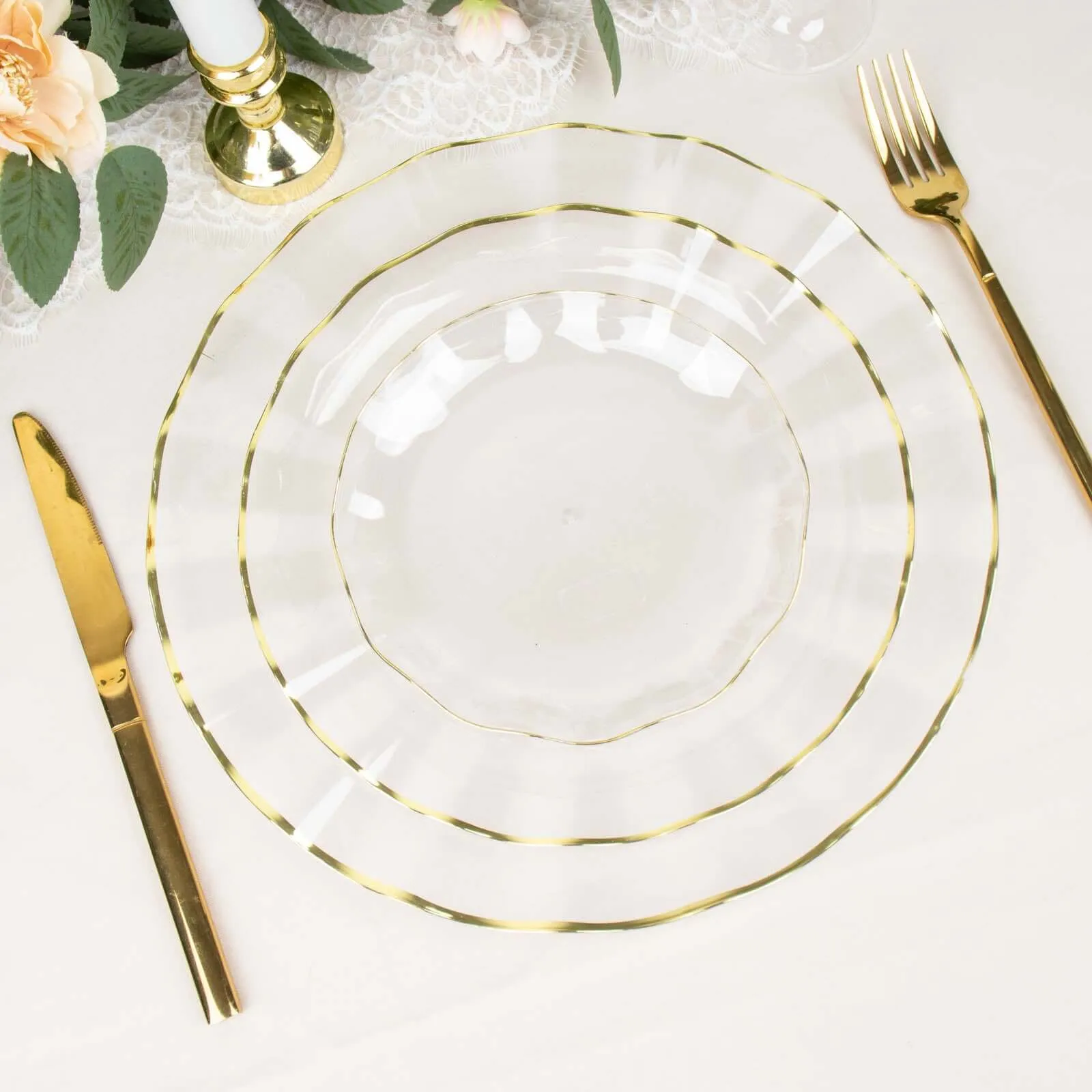 10 Pack 6" Clear Heavy Duty Disposable Salad Plates with Gold Ruffled Rim, Heavy Duty Disposable Appetizer Dessert Dinnerware