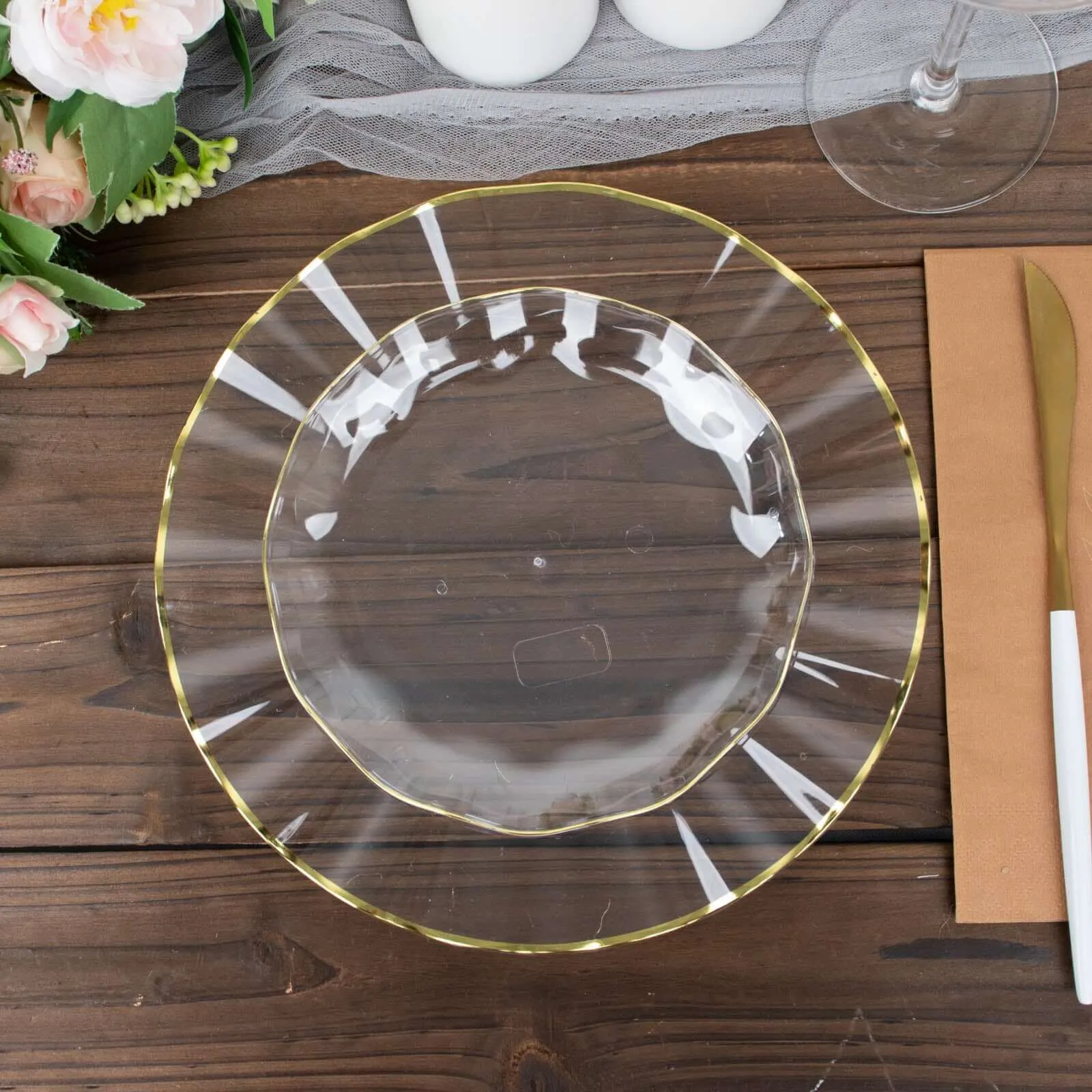 10 Pack 6" Clear Heavy Duty Disposable Salad Plates with Gold Ruffled Rim, Heavy Duty Disposable Appetizer Dessert Dinnerware