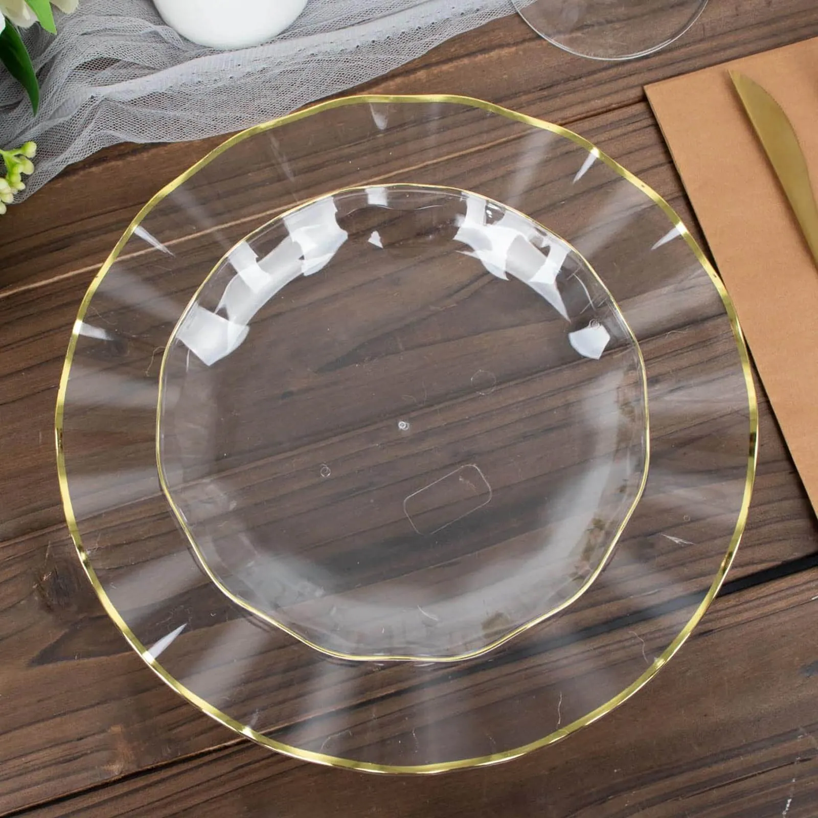 10 Pack 6" Clear Heavy Duty Disposable Salad Plates with Gold Ruffled Rim, Heavy Duty Disposable Appetizer Dessert Dinnerware