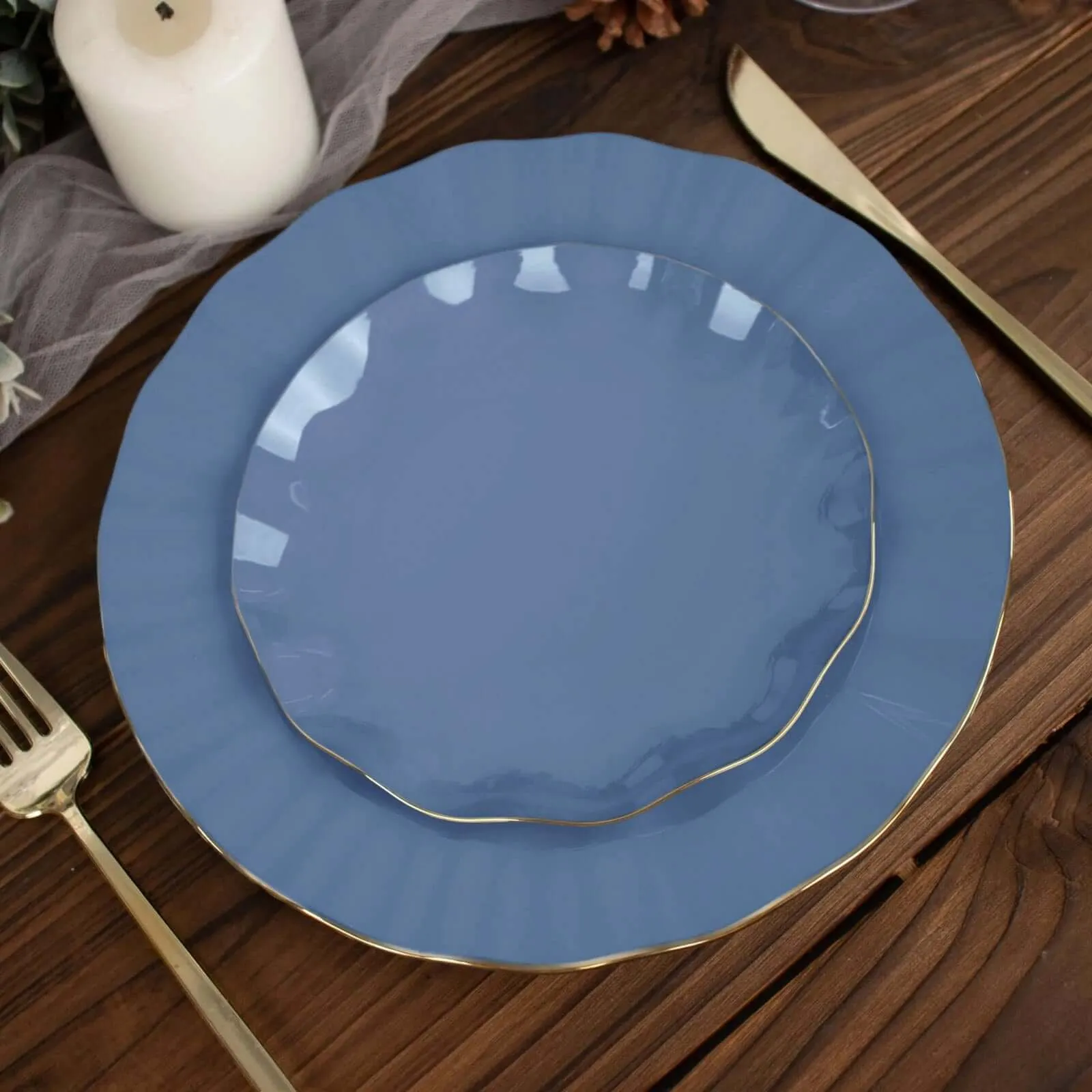 10 Pack 6" Ocean Blue Heavy Duty Disposable Salad Plates with Gold Ruffled Rim, Heavy Duty Disposable Appetizer Dessert Dinnerware