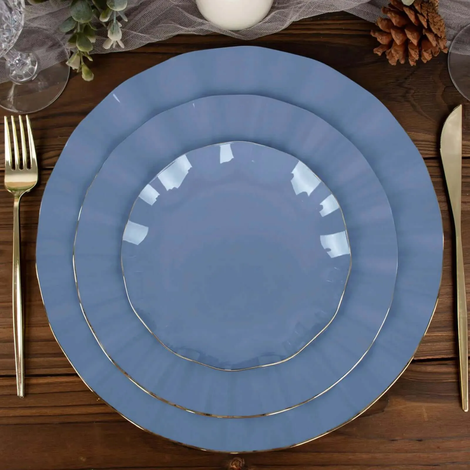 10 Pack 6" Ocean Blue Heavy Duty Disposable Salad Plates with Gold Ruffled Rim, Heavy Duty Disposable Appetizer Dessert Dinnerware