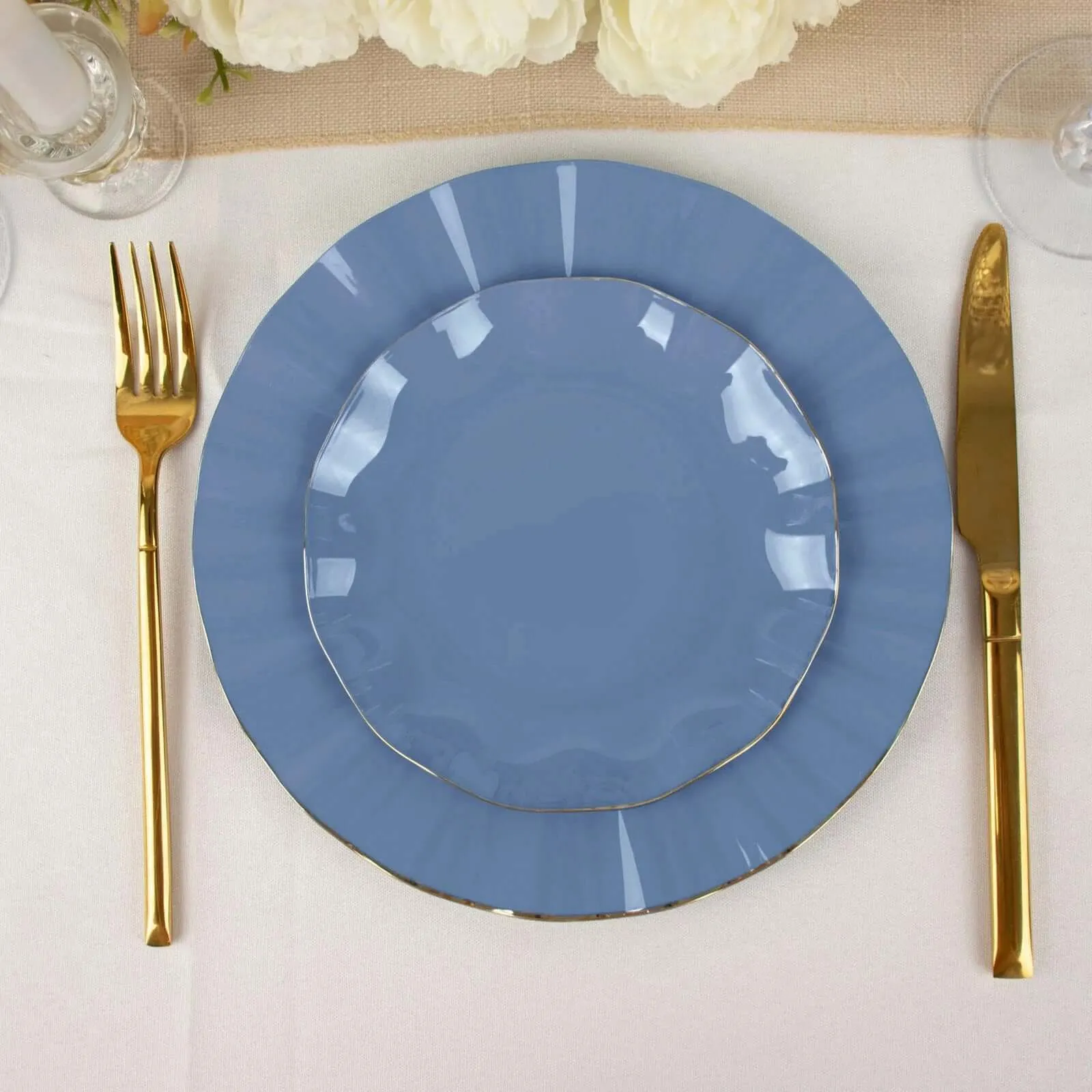 10 Pack 6" Ocean Blue Heavy Duty Disposable Salad Plates with Gold Ruffled Rim, Heavy Duty Disposable Appetizer Dessert Dinnerware