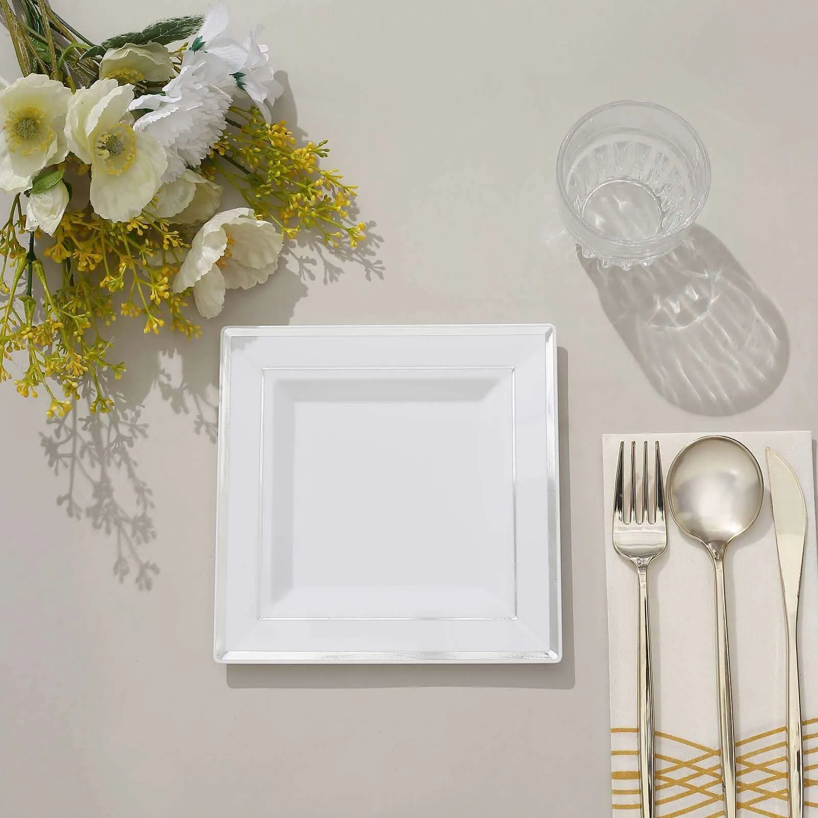 10 Pack 7" Silver Trim White Plastic Square Dessert Plates, Disposable Appetizer Salad Plates