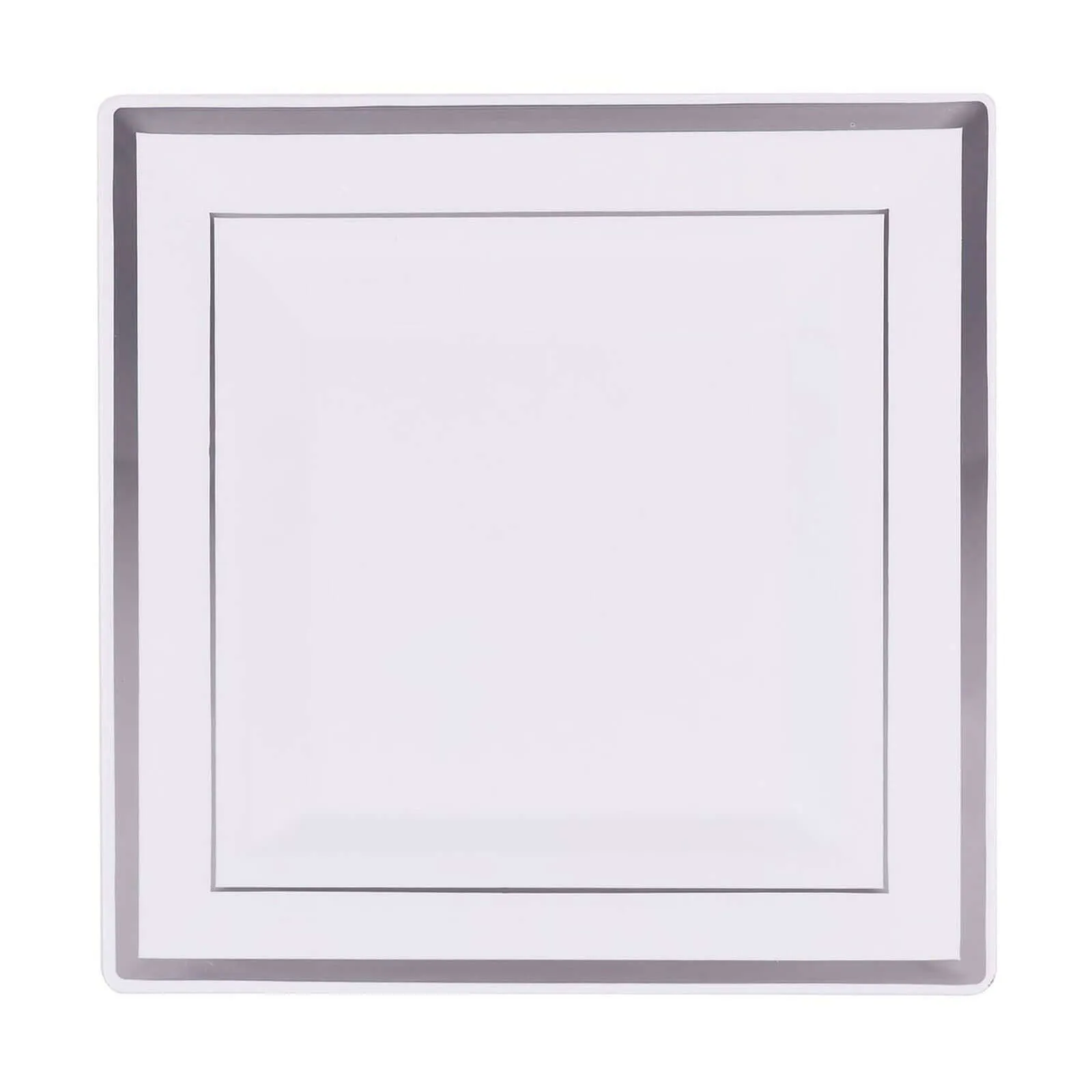 10 Pack 7" Silver Trim White Plastic Square Dessert Plates, Disposable Appetizer Salad Plates