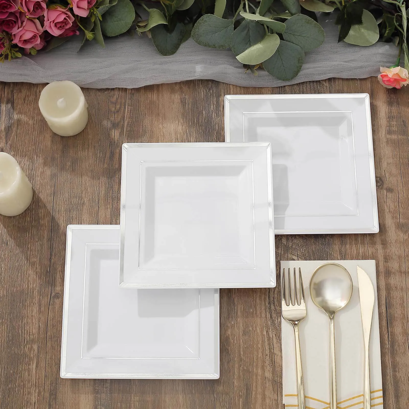 10 Pack 7" Silver Trim White Plastic Square Dessert Plates, Disposable Appetizer Salad Plates