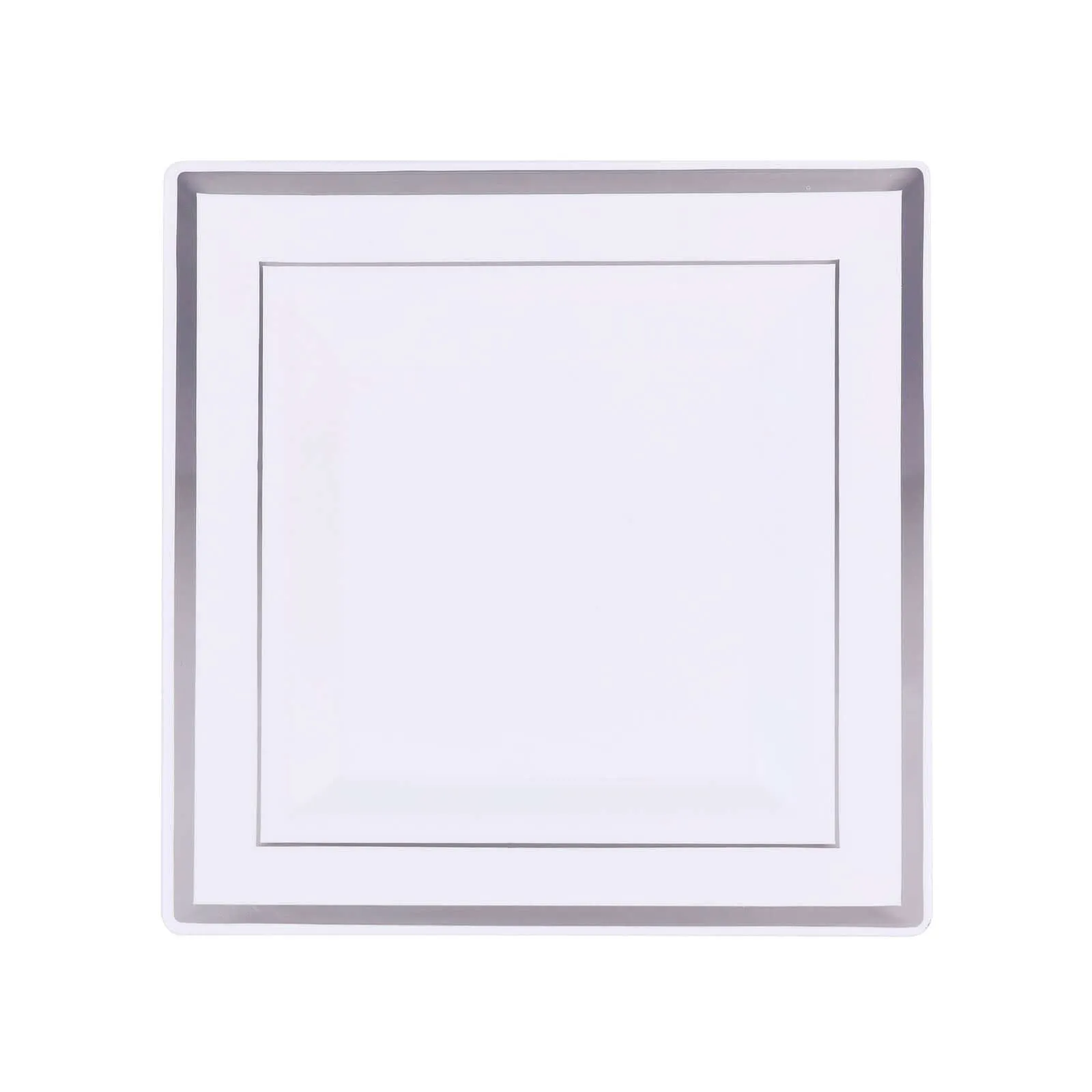 10 Pack 7" Silver Trim White Plastic Square Dessert Plates, Disposable Appetizer Salad Plates