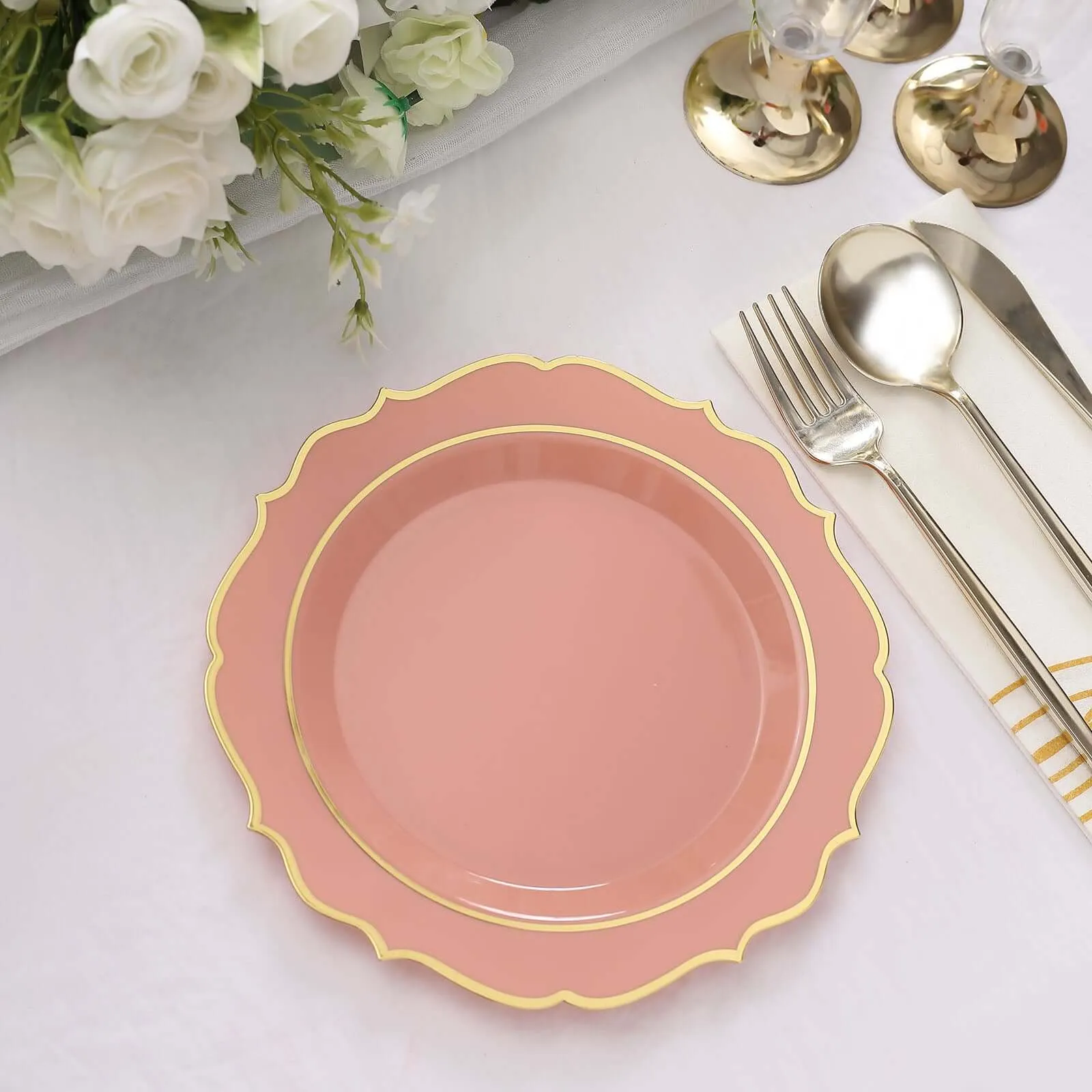 10 Pack 8" Dusty Rose Plastic Dessert Salad Plates, Disposable Tableware Round With Gold Scalloped Rim