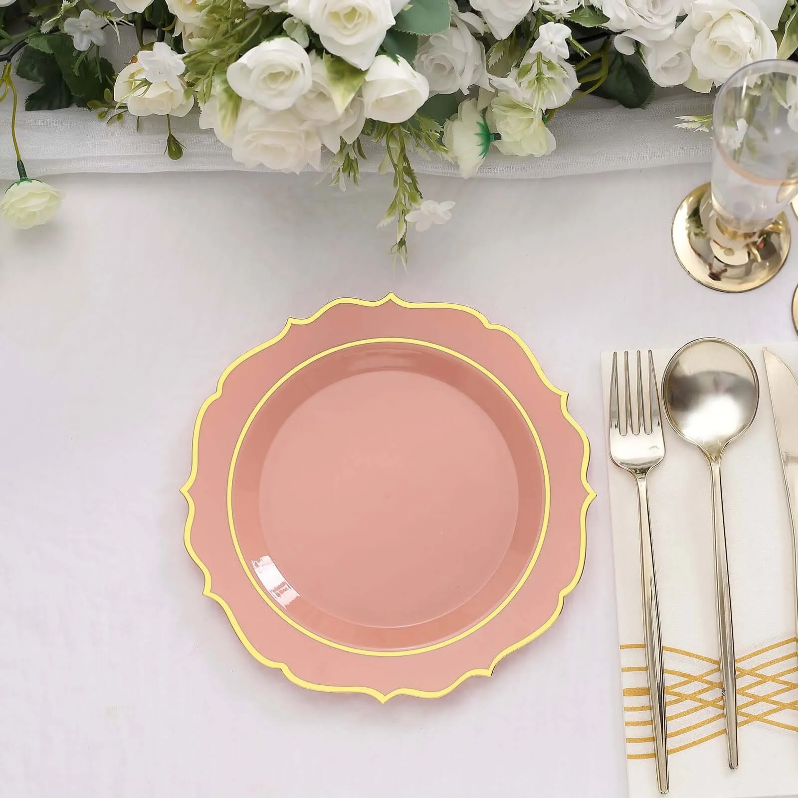 10 Pack 8" Dusty Rose Plastic Dessert Salad Plates, Disposable Tableware Round With Gold Scalloped Rim