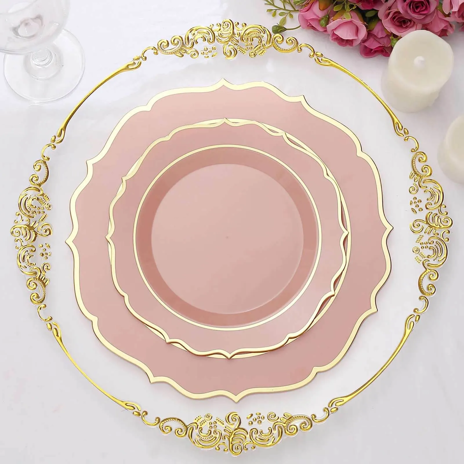 10 Pack 8" Dusty Rose Plastic Dessert Salad Plates, Disposable Tableware Round With Gold Scalloped Rim