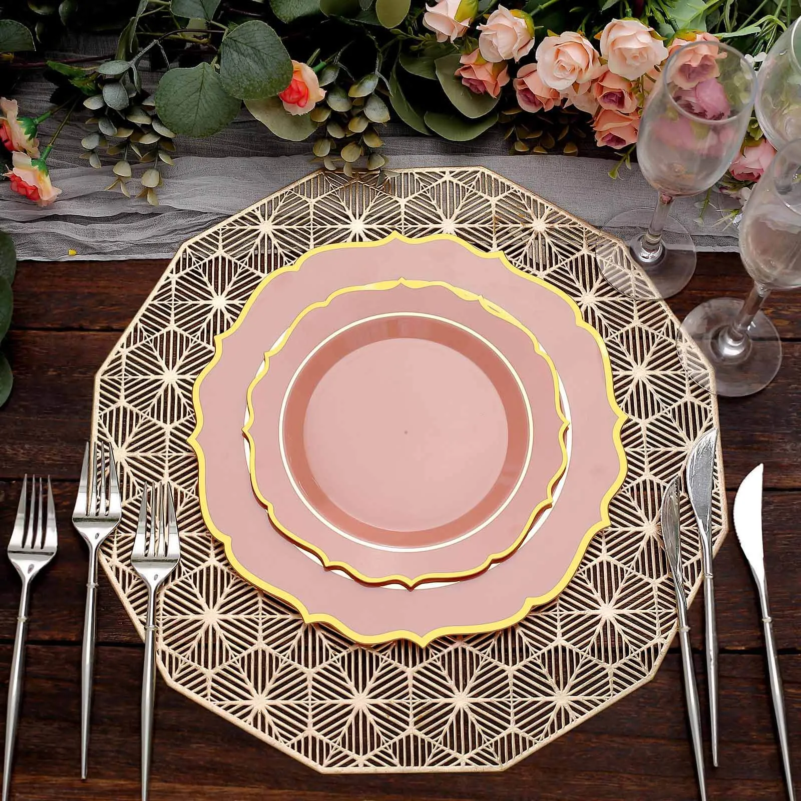 10 Pack 8" Dusty Rose Plastic Dessert Salad Plates, Disposable Tableware Round With Gold Scalloped Rim