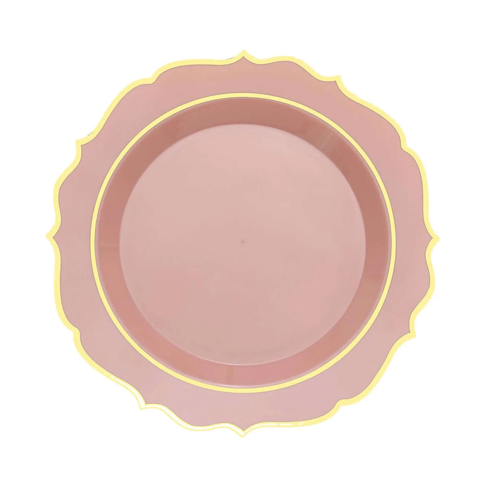 10 Pack 8" Dusty Rose Plastic Dessert Salad Plates, Disposable Tableware Round With Gold Scalloped Rim