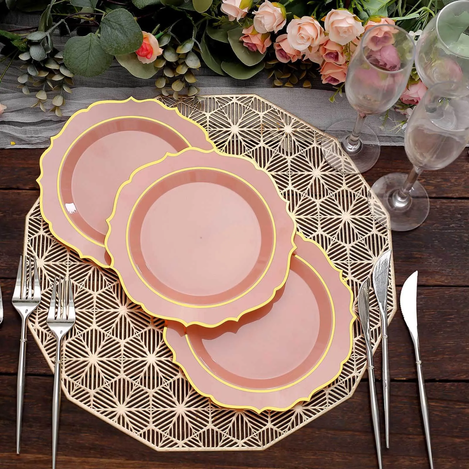 10 Pack 8" Dusty Rose Plastic Dessert Salad Plates, Disposable Tableware Round With Gold Scalloped Rim