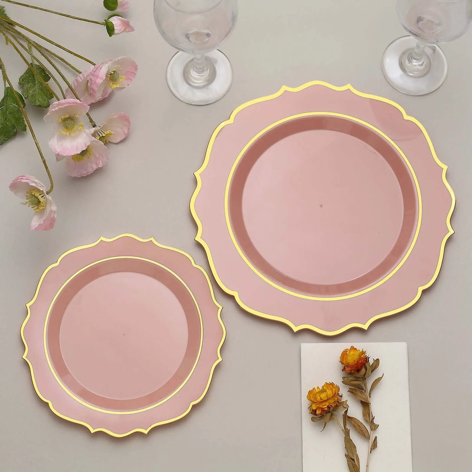 10 Pack 8" Dusty Rose Plastic Dessert Salad Plates, Disposable Tableware Round With Gold Scalloped Rim