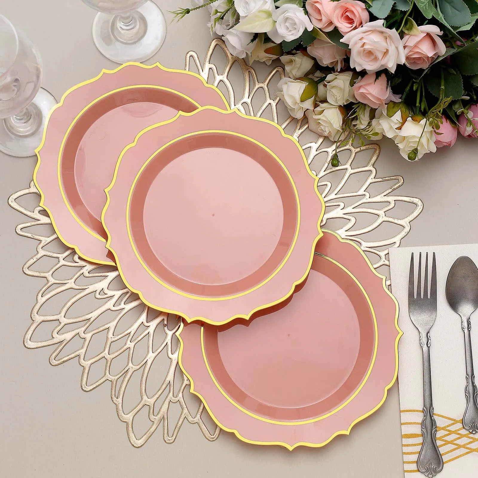 10 Pack 8" Dusty Rose Plastic Dessert Salad Plates, Disposable Tableware Round With Gold Scalloped Rim