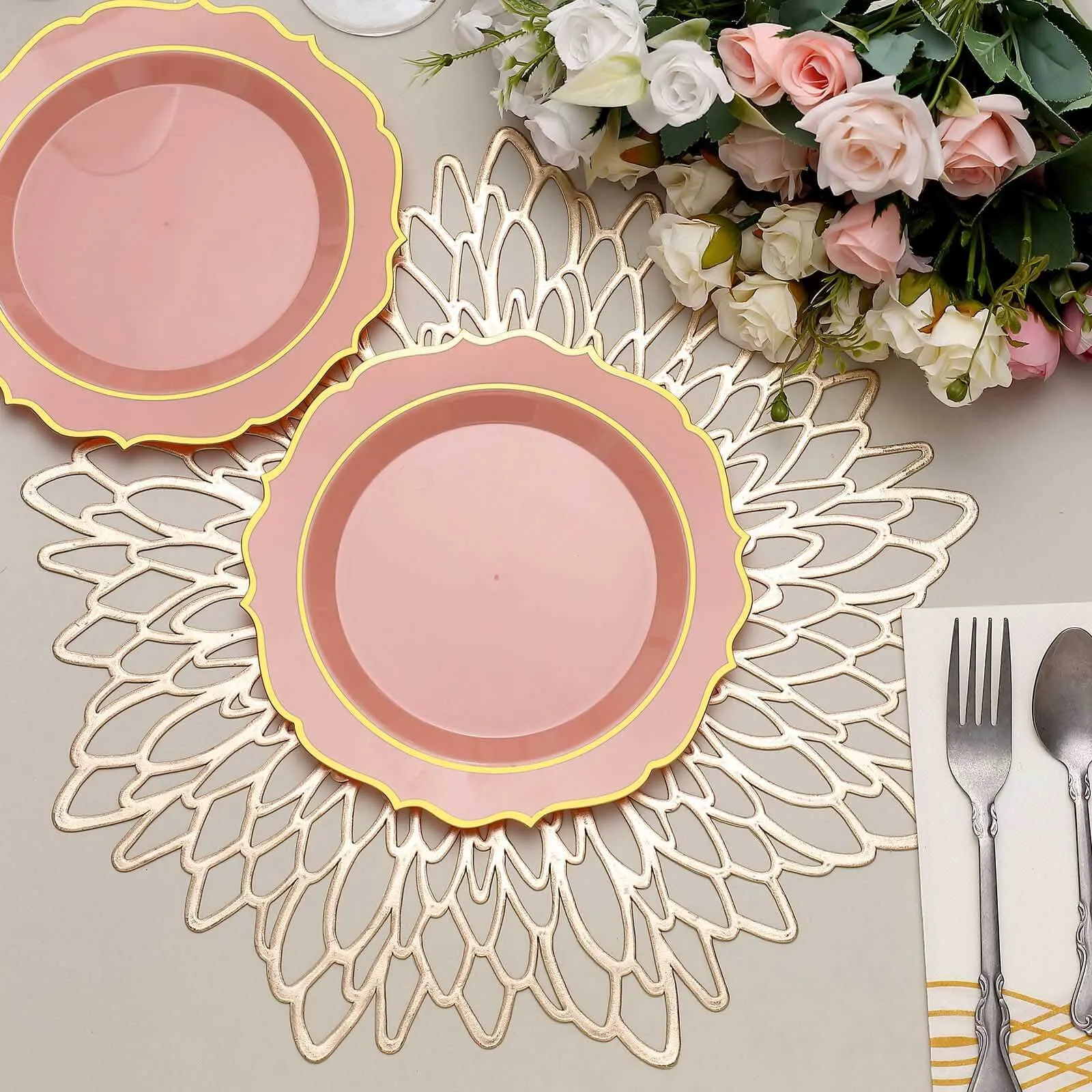 10 Pack 8" Dusty Rose Plastic Dessert Salad Plates, Disposable Tableware Round With Gold Scalloped Rim